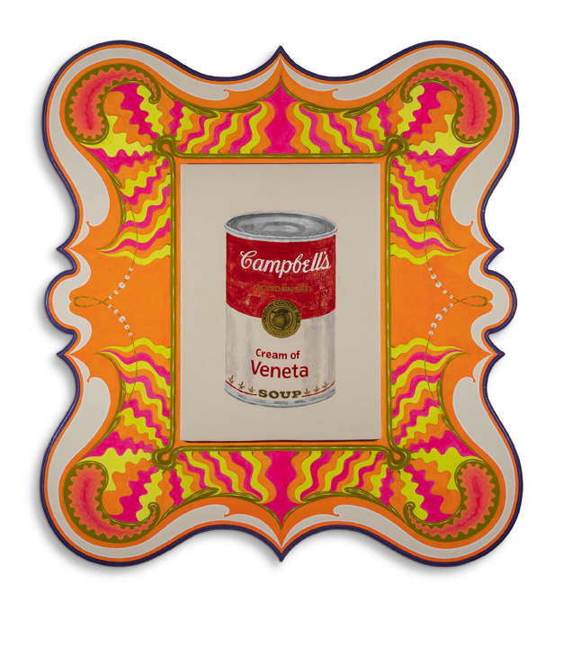Cream of Veneta 2009-2019 Acrylic on repurposed ceiling tile, on shaped wood panel with oil alkyd paint, fluorescent paint and holographic glitter on carved edge 45 x 42 x 1.5 inches