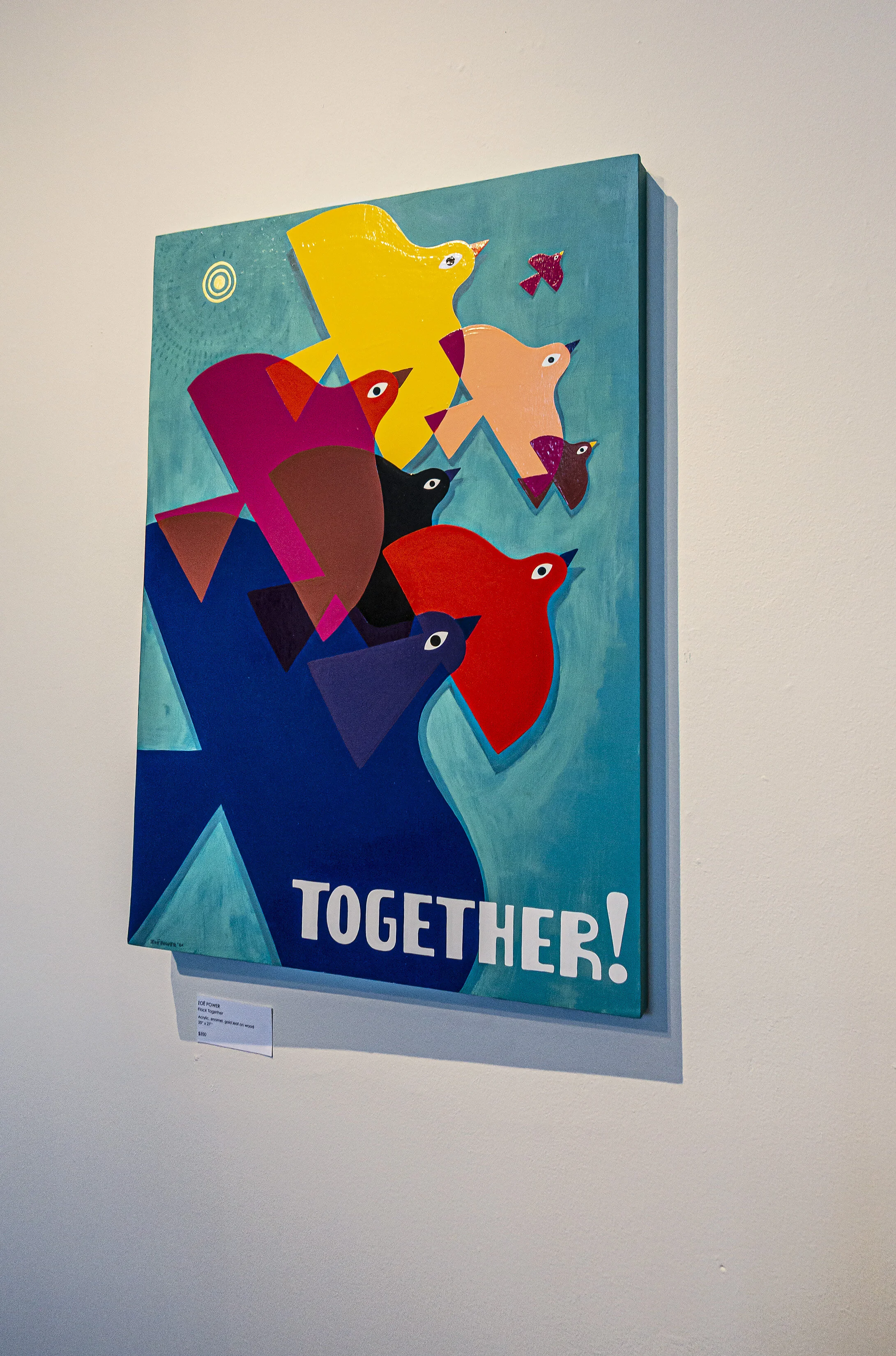 ZOË POWER, Bristol, UK,  Flock Together    Acrylic, enamel, gold leaf on wood, 20” x 27’’, SOLD