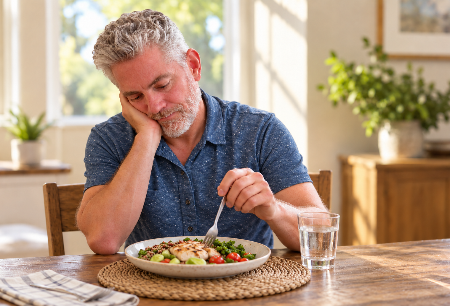 Man feeling sick and without an appetite after taking a weight loss peptide
