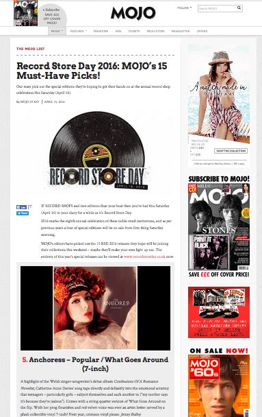 ‘Popular’ is one of MOJO’s must-have picks for Record Store Day UK: “A highlight of the Welsh singer-songwriter’s debut album… taps directly and defiantly into the emotional scrutiny that teenagers – particularly girls – subject themselves and each another to. Comes with a string quartet version of What Goes Around on the flip. With her prog flourishes and red velvet voice was ever an artist better served by a plush collectible vinyl 7-inch?” http://www.mojo4music.com/23617/record-store-day-2016-mojos-15-must-have-picks/