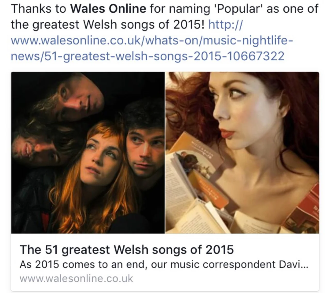 Thanks to Wales Online for naming ‘Popular’ as one of the greatest Welsh songs of 2015. Honoured to be included in such fine company X
http://www.walesonline.co.uk/whats-on/music-nightlife-news/51-greatest-welsh-songs-2015-10667322