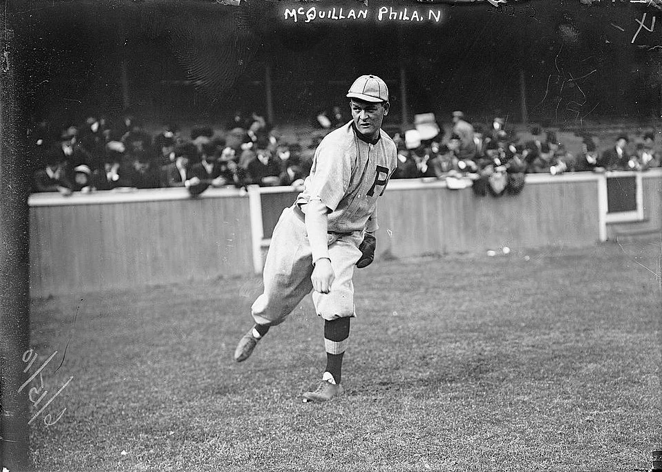 George McQuillan warming up for a game on June 15, 1910, four days after returning to the Phillies from his suspension for alcoholism.
