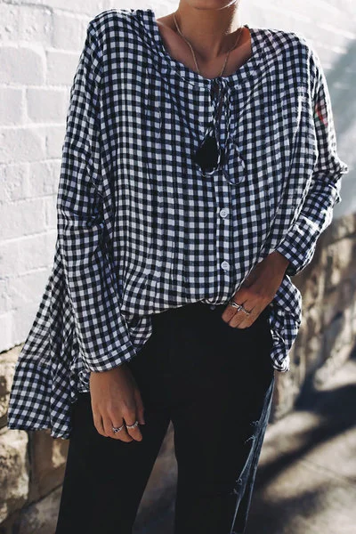 Checks or Gingham. Both in. This is the Gingham Billow Sleeve Top from Bohemian Traders. *Plus size friendly