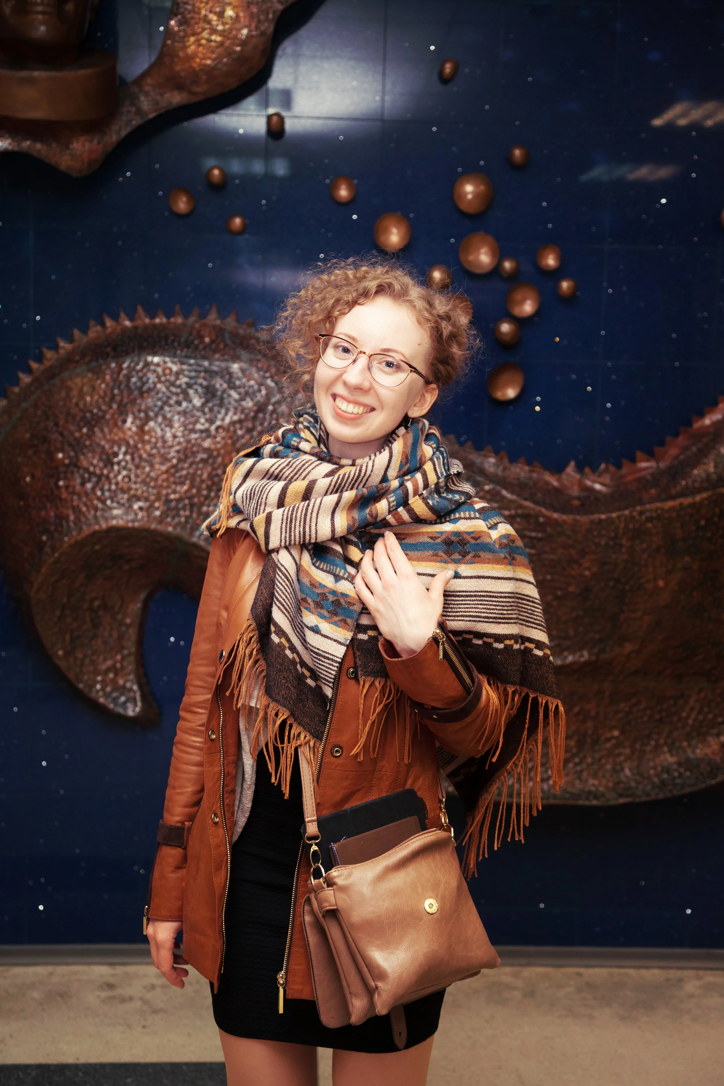 Anastasia Prosochkina at the exhibition in The Cosmonaut Museum, Star City, Moscow (The Cosmonautics day celebration, her space art were exhibited with paintings of the cosmonaut Alexei Leonov)