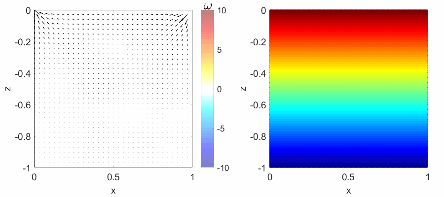 A lid-driven cavity flow at Re = 10000. At a higher Reynolds number, the flow forms smaller-scale eddies.