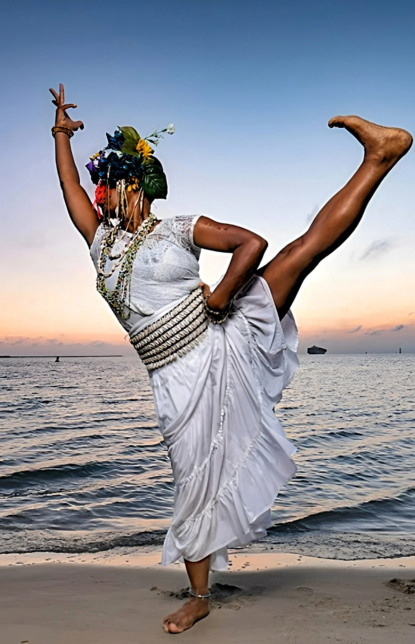 Dance Educator, Scholar, Performer Michelle Grant-Murray is on a beach performing African Diaspora Dance. Her Katherine Dunham movement conveys strength and authority. Dressed regally in white, adorned with cowrie shells, and flower mask-headdress.
