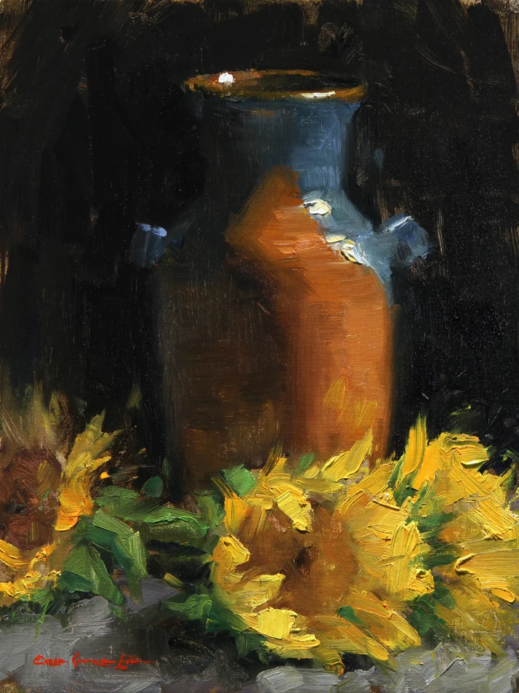 Sunflowers and Hand-Thrown Pot 12" x 9"