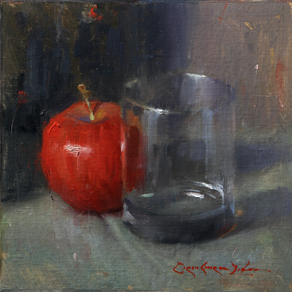 Red Apple with Glass - 8" x 8"