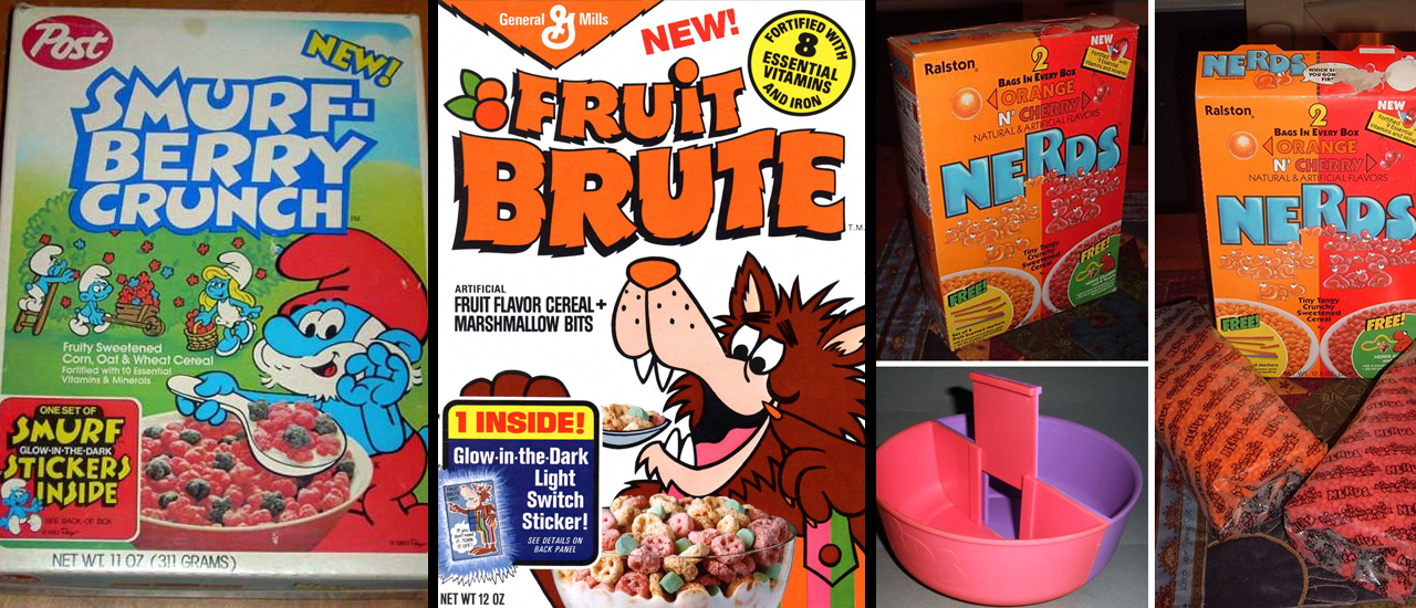 fruit brute, smurf berry crunch, nerds cereal
