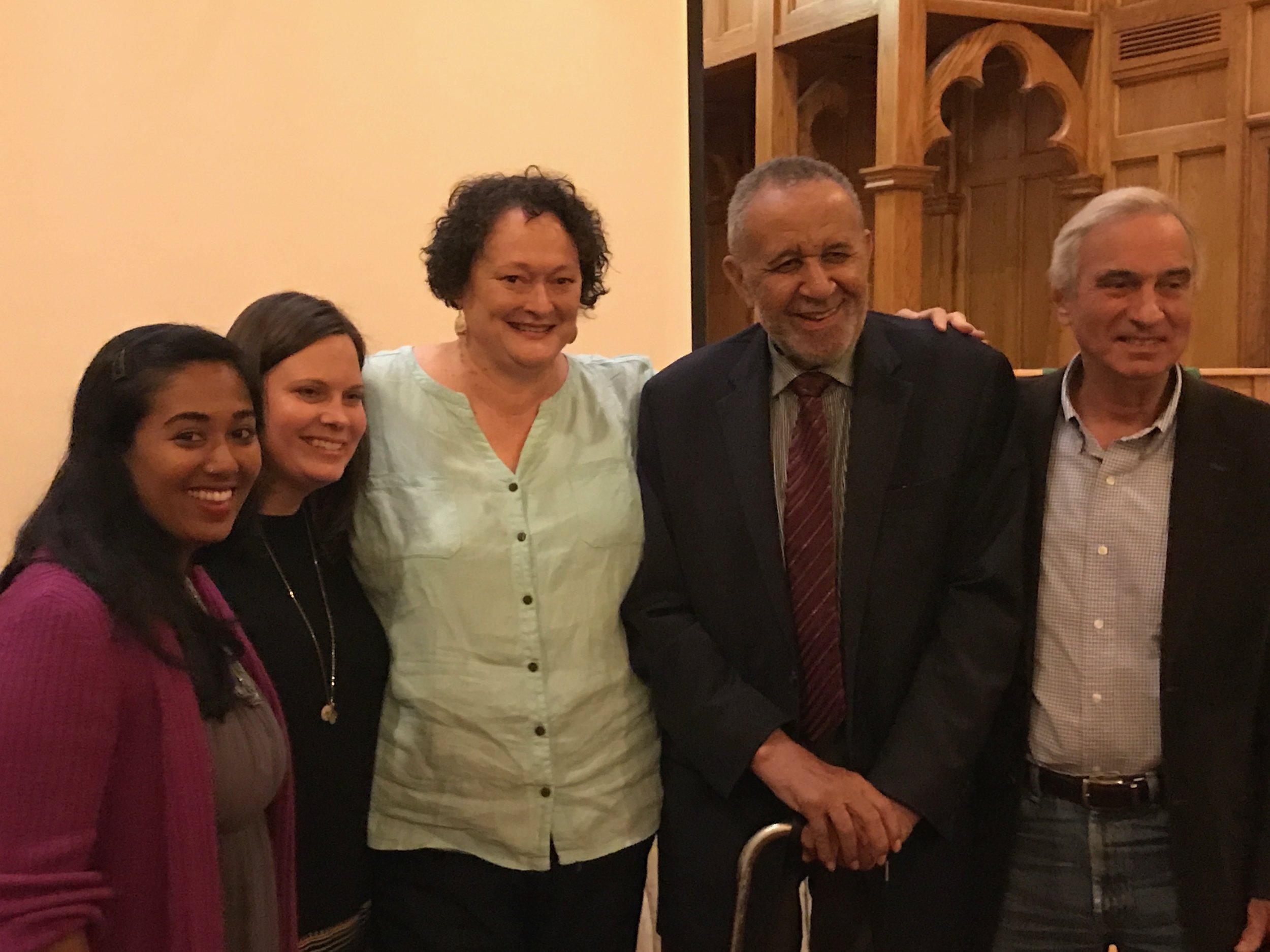 Image: Photo of Marilyn Bennett and Gil Caldwell with Manju Rajendran, the Reverend Liz Roberts, and Jimmy Creech