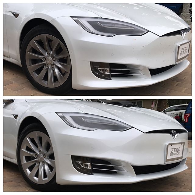 Another #beforeandafter album of the beautiful #Tesla #p100d #electricvehicle . This time the client had returned from a lengthy road trip and the front was covered in bugs and the wheels were dirty! Nothing #bluelinedetail couldn't handle. #ecofrien