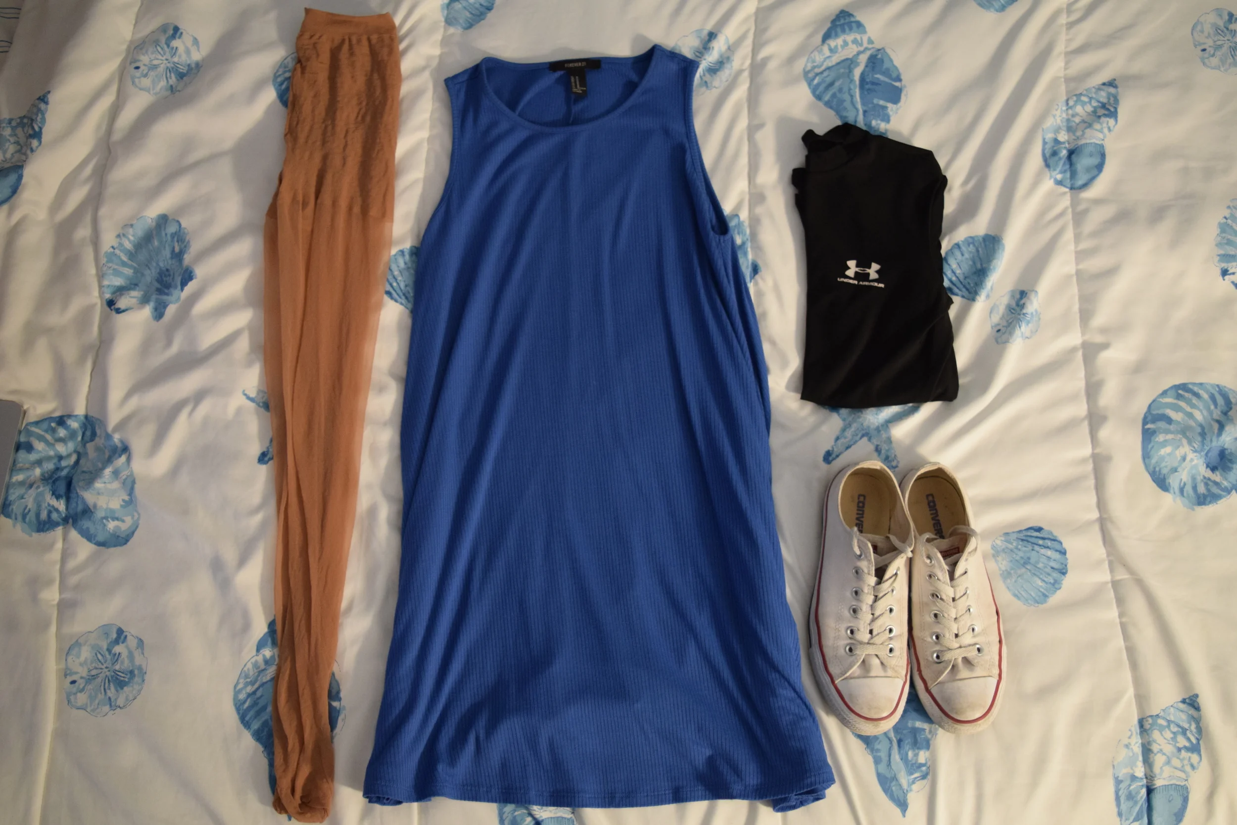 Dress (similar). Stockings (from CVS). Undershirt (similar). Sneakers . 