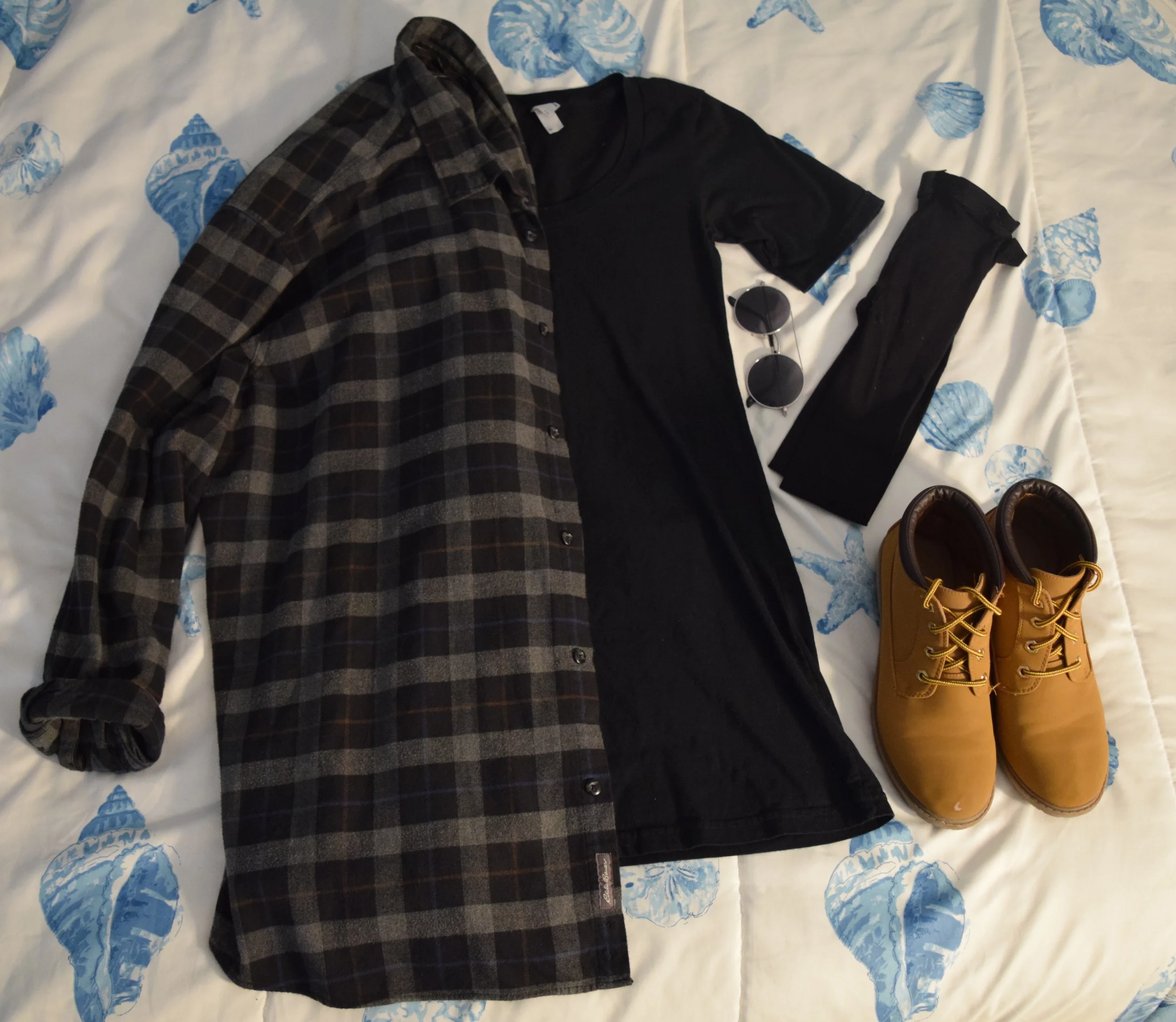 Flannel (it's from Eddie Bauer I just can't find the exact shirt). Dress . Boots (aren't being sold anymore :( ). Tights . Sunglasses (similar)