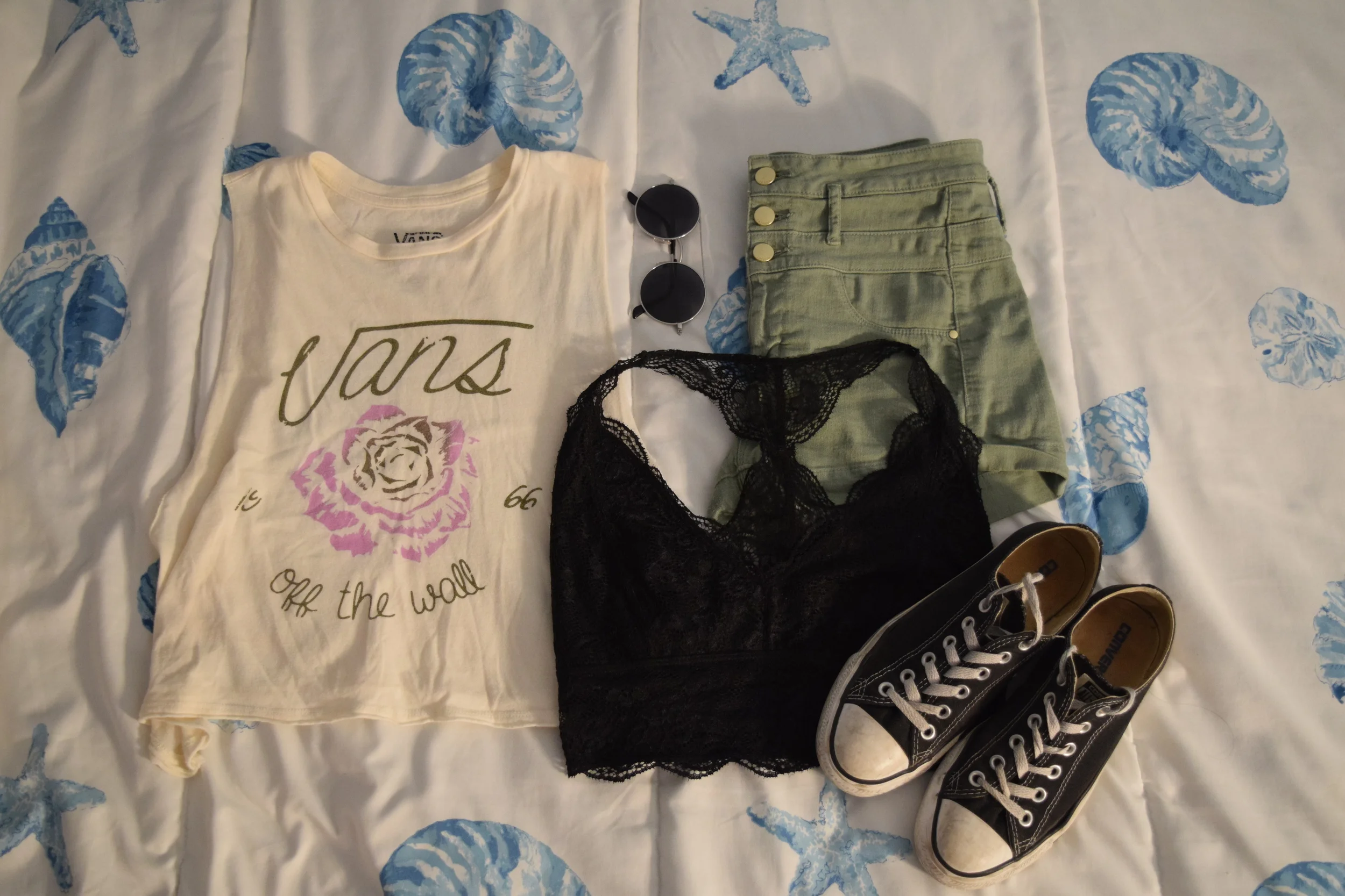 Top (no longer being sold at Vans ). Bralette . Shorts (mine are lighter). Sneakers . Sunglasses (similar). 