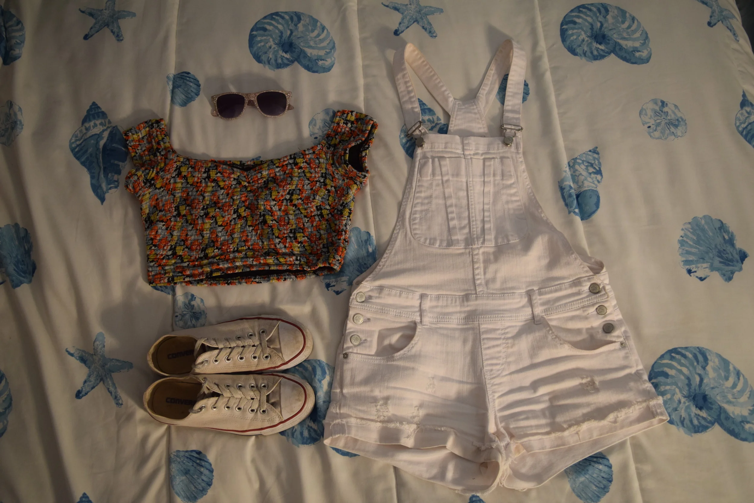Top (similar). Overalls (no longer being sold by American Rag ). Sneakers . Sunglasses (I have no clue where I got these I'm so sorry).