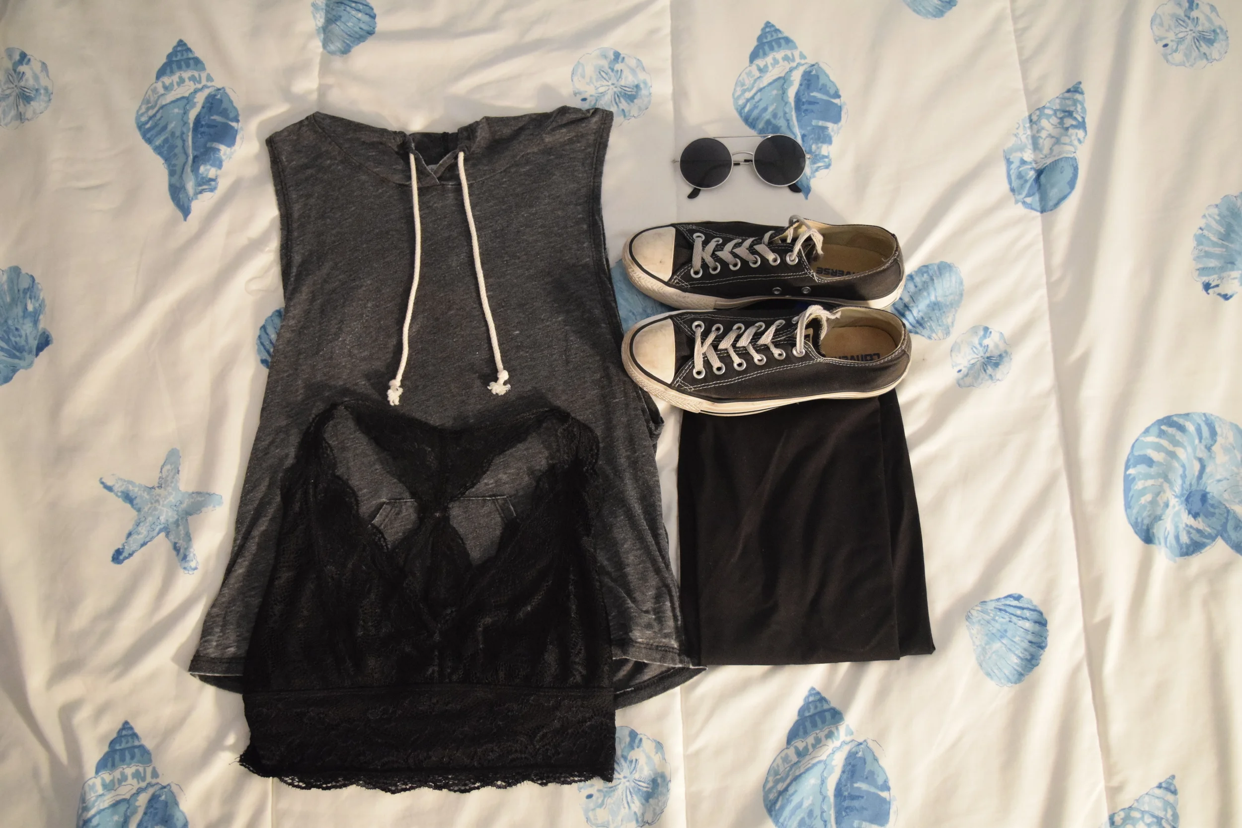 Shirt Thing (no longer being sold at Charlotte Russe ). Leggings (similar). Sneakers . Bralette . Sunglasses (similar).