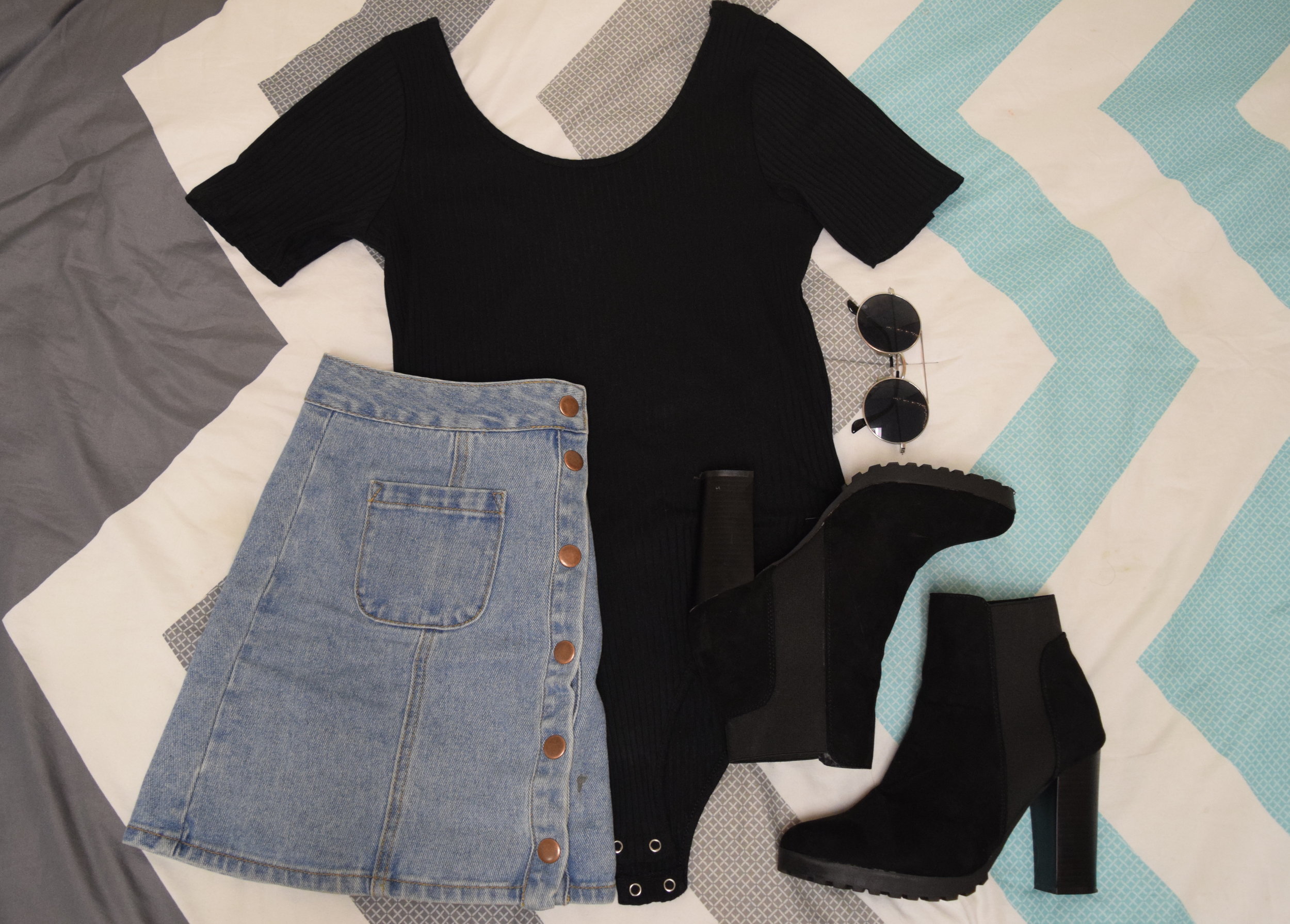 Bodysuit . Skirt (different color). Heels (similar). Sunglasses (similar).