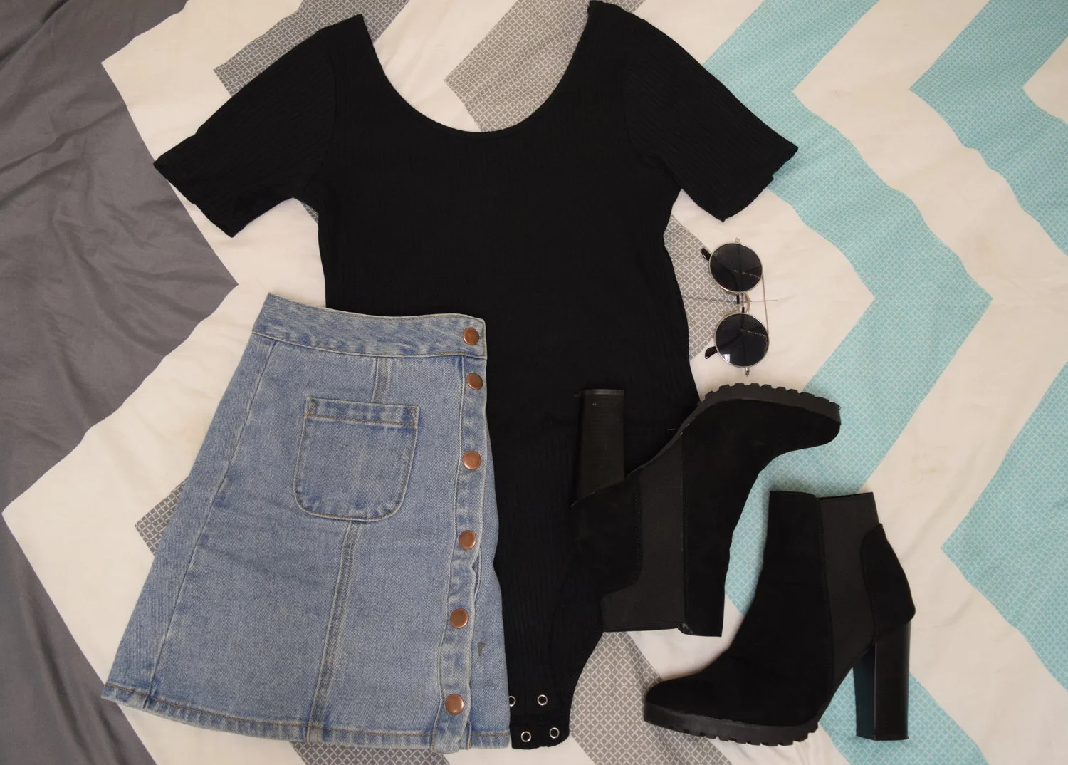 Bodysuit . Skirt (different color). Heels (similar). Sunglasses (similar).