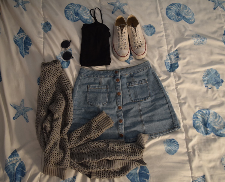 Skirt (different color). Tank top (basic, sold anywhere!). Sweater (no longer being sold at The Gap ). Sneakers . Sunglasses (similar).