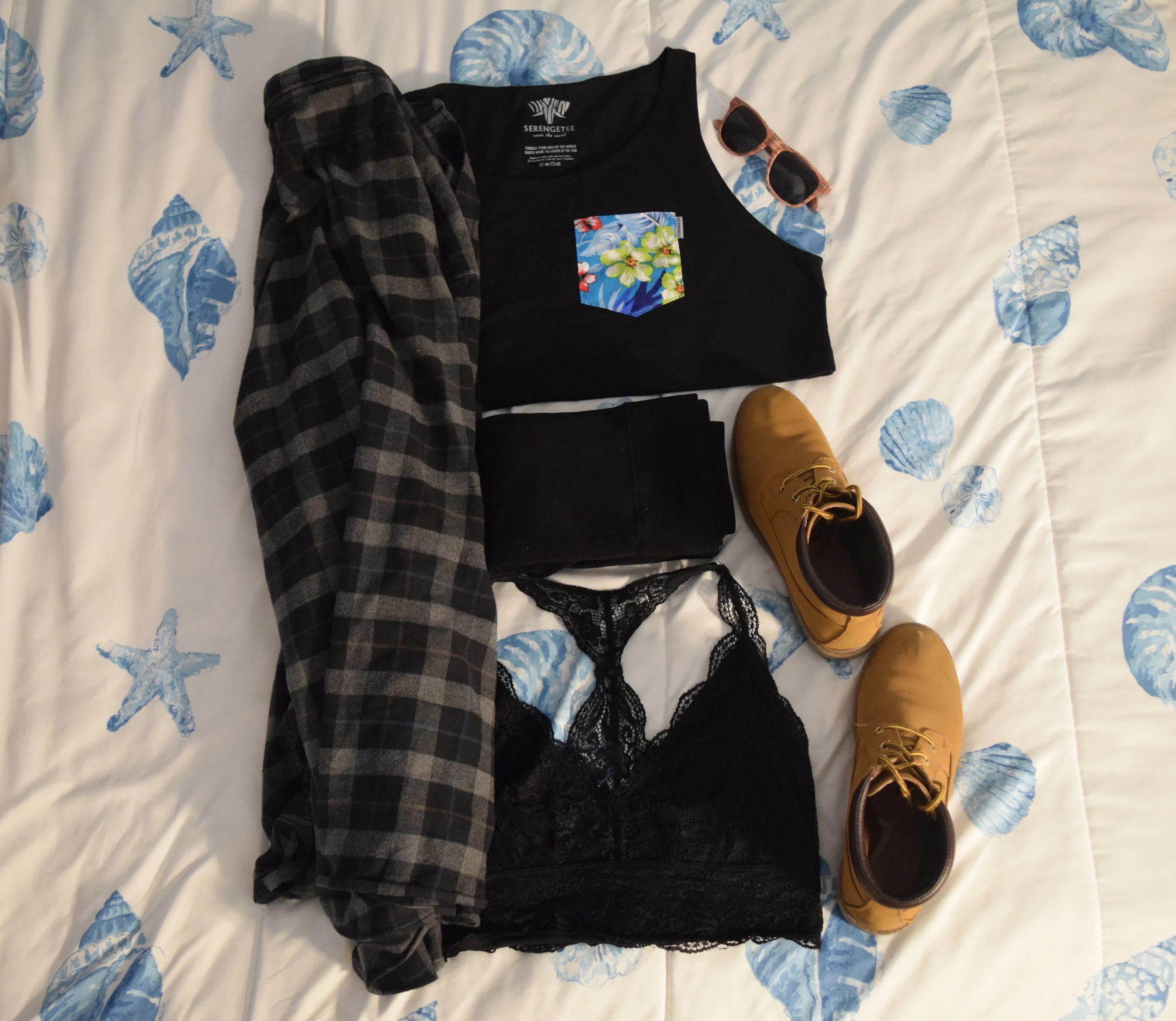 Top . Leggings . Flannel (no longer being sold at Eddie Bauer ). Boots (no longer being sold at Primark ). Bralette . Sunglasses (similar, mine are lighter). 