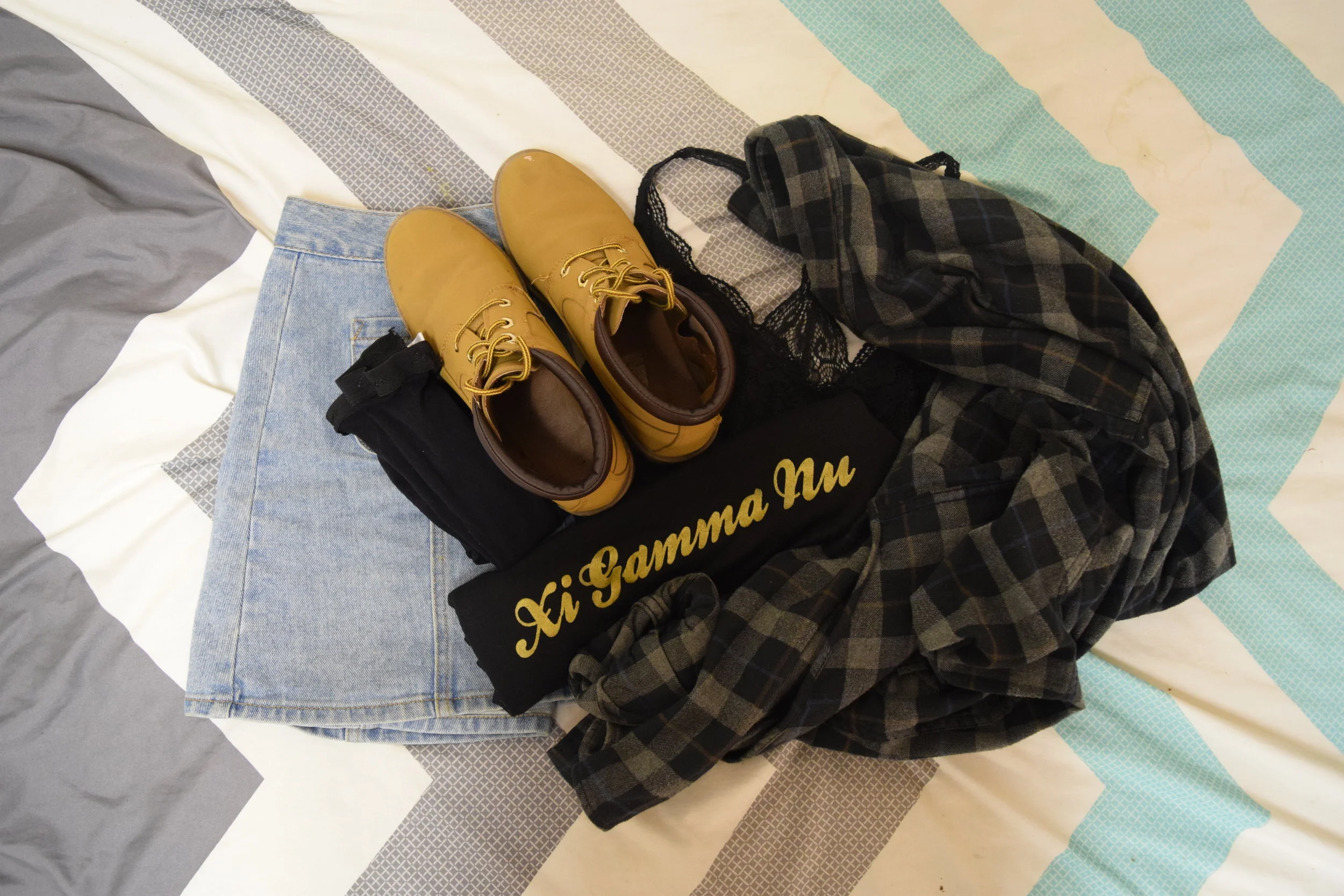 Shirt (Gamma exclusive bbs). Flannel (no longer being sold at Eddie Bauer ). Bralette. Skirt (different color). Boots (no longer being sold at Primark ). 