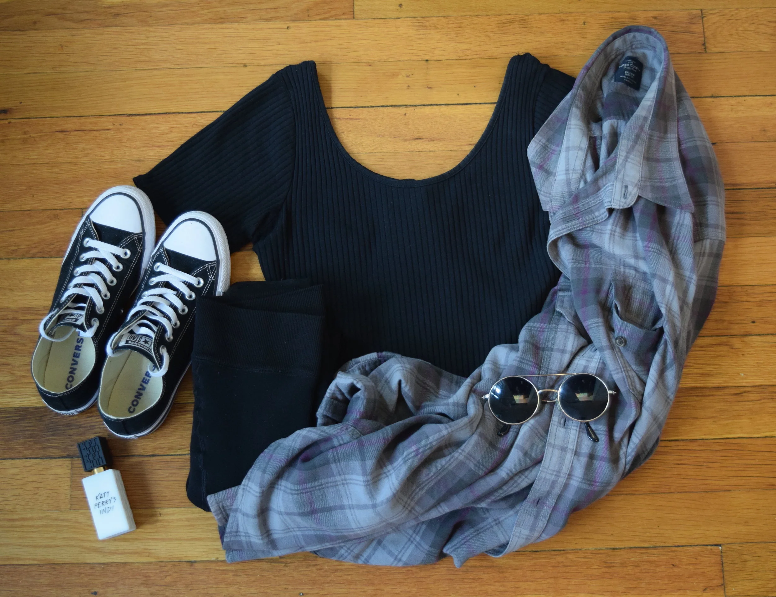 flannel (i don't know i'm sorry!). bodysuit . leggings . sneakers . sunglasses (similar). perfume . 