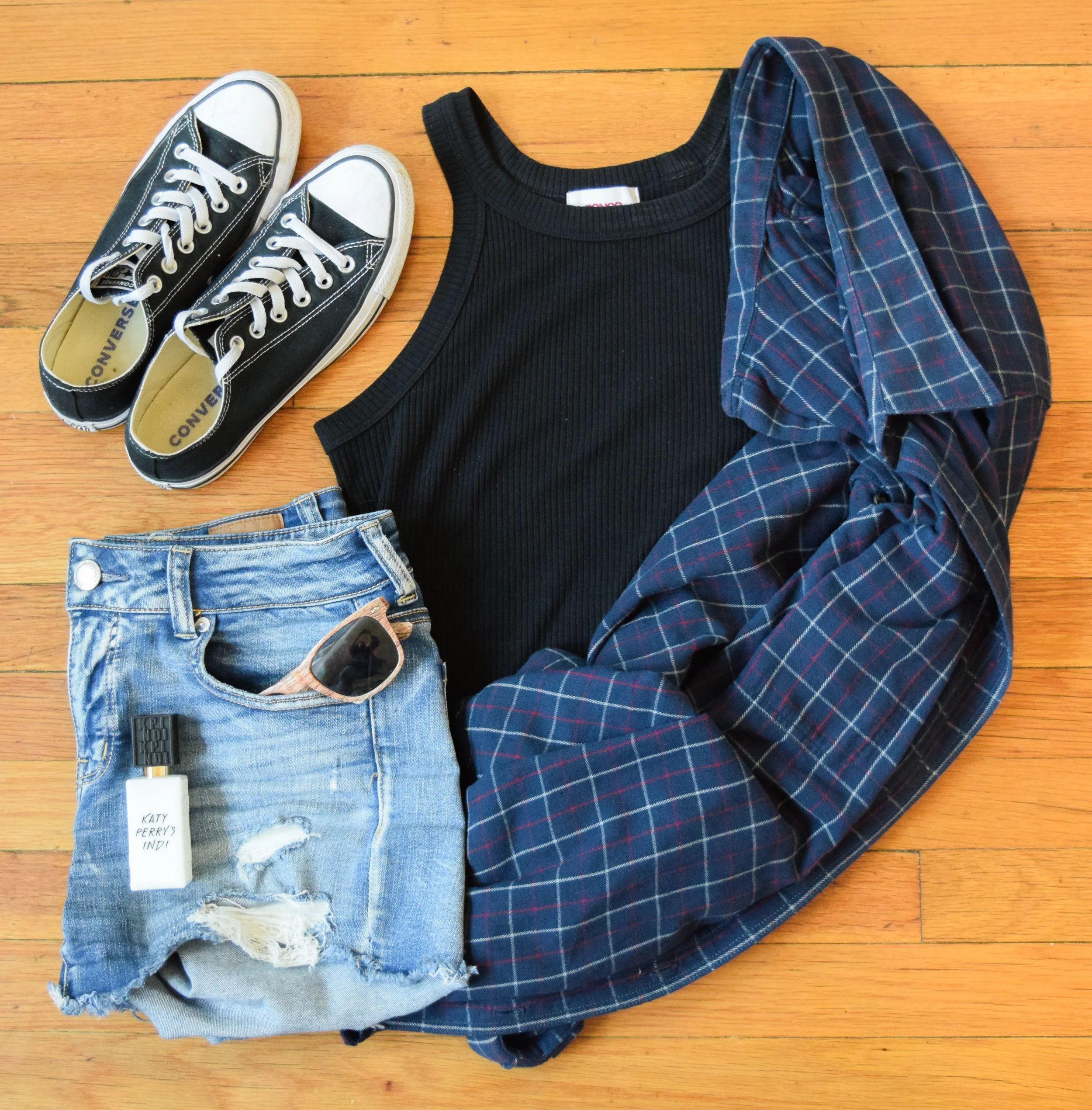 flannel (no clue, sorry!). tank . shorts . sneakers . sunglasses (mine are lighter!). perfume .