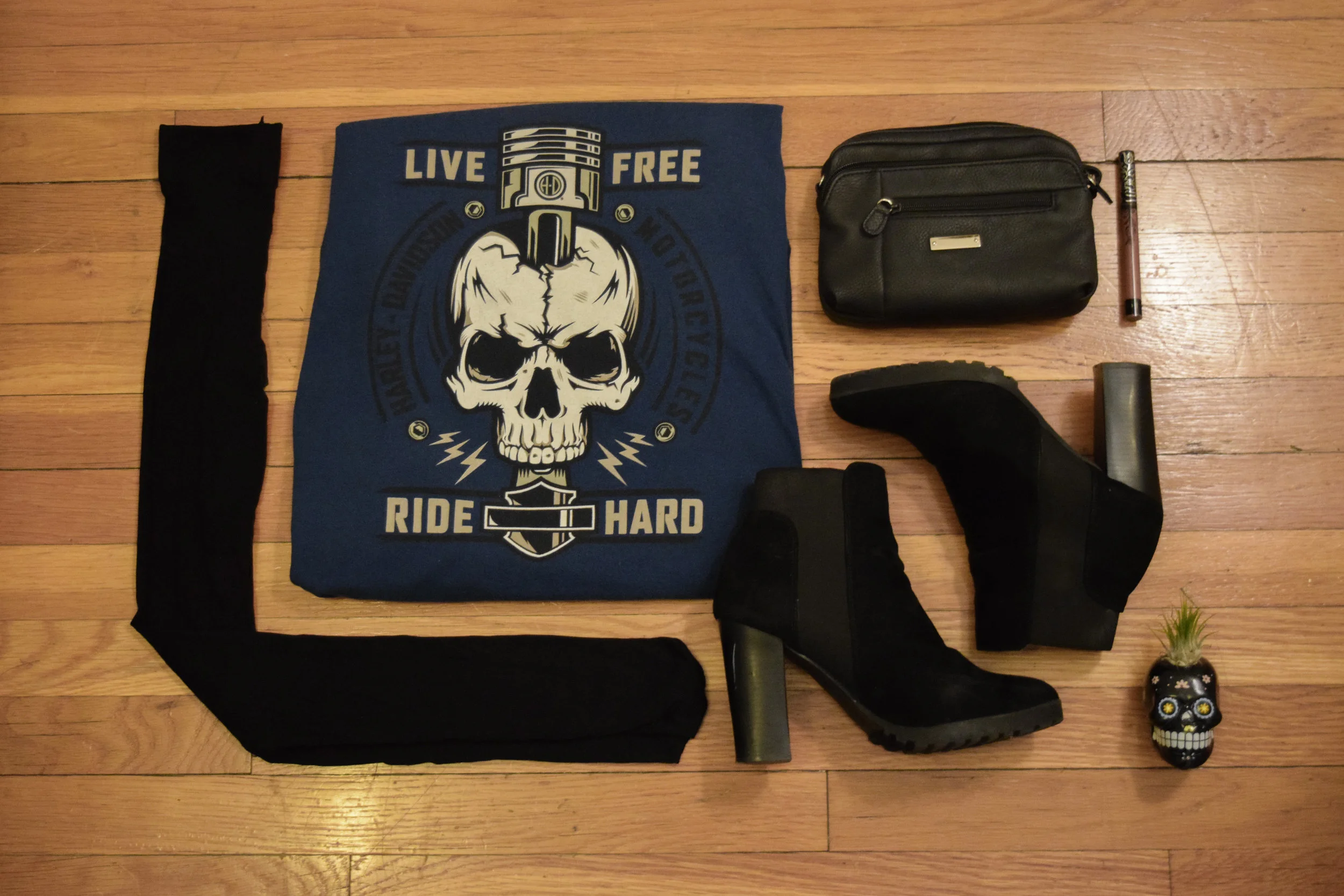 shirt/dress (from Boston Harley Davidson ). tights . heels (similar). bag (similar). lipgloss (in Sanctuary). my cactus is from Trader Joe’s and he’s lowkey dying in this photo I’m so sorry