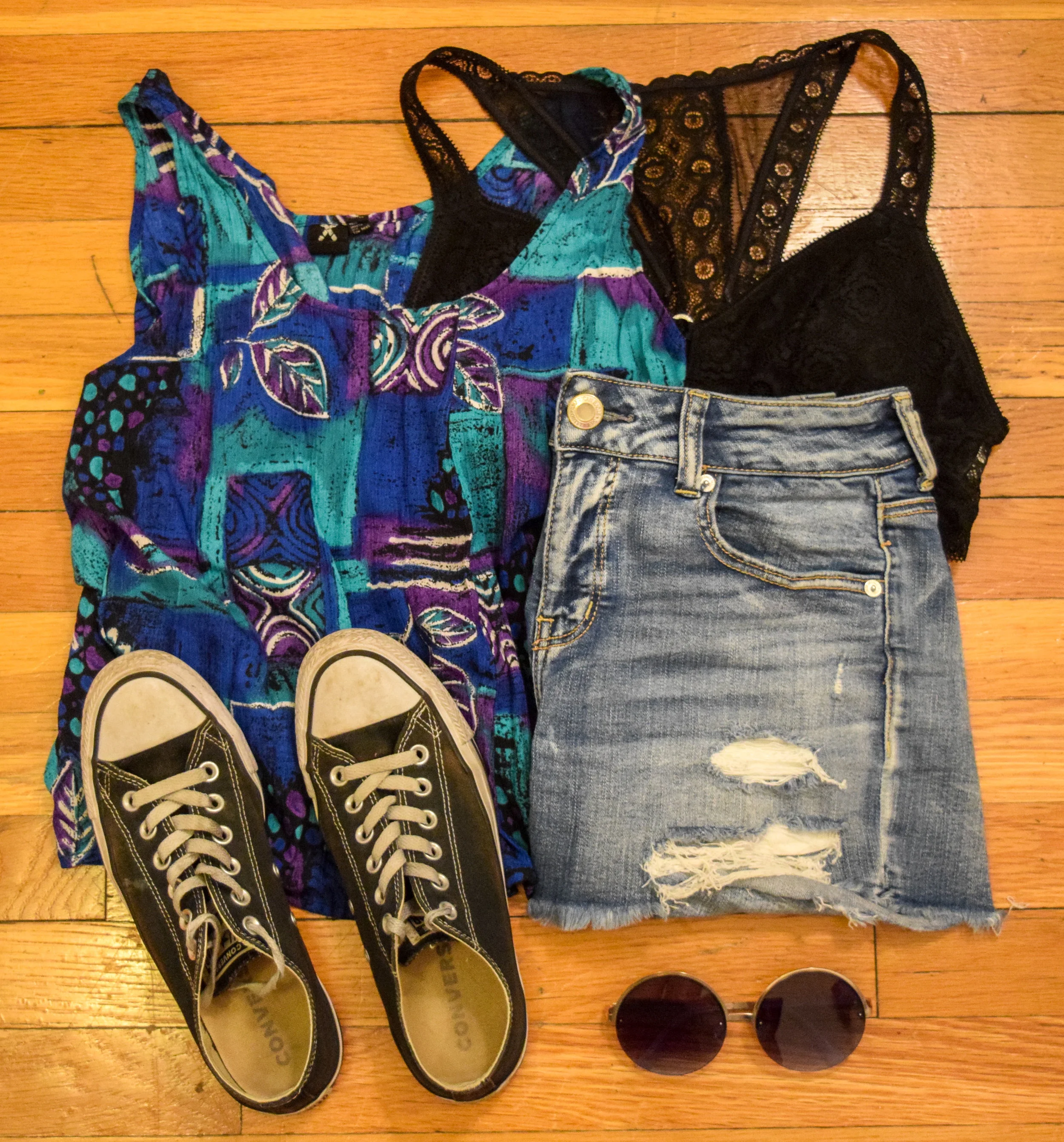 top (from my cousin). bralette . shorts . sneakers . sunglasses .