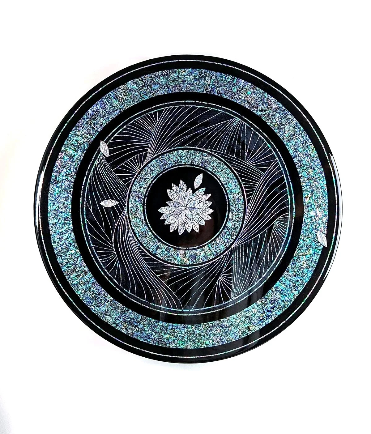  Sang  Korean mother-of-pearl, New Zealand mother-of-pearl, acrylic, resin on panel with foldable table legs  25” diameter 