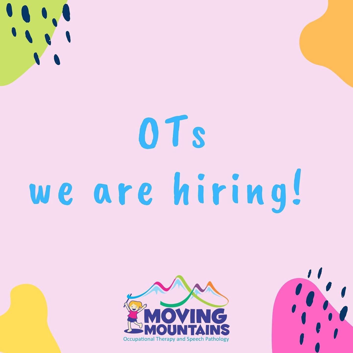 We are on the hunt for fabulous OT&rsquo;s ! 

If you want to be part of a team that is:
🏔happy
🏔 fun
🏔 warm and caring
🏔 knowledgable 
🏔 values PD 
🏔 and supports you in all areas

then we might be the team for you ! 

Contact Marie now! We ca