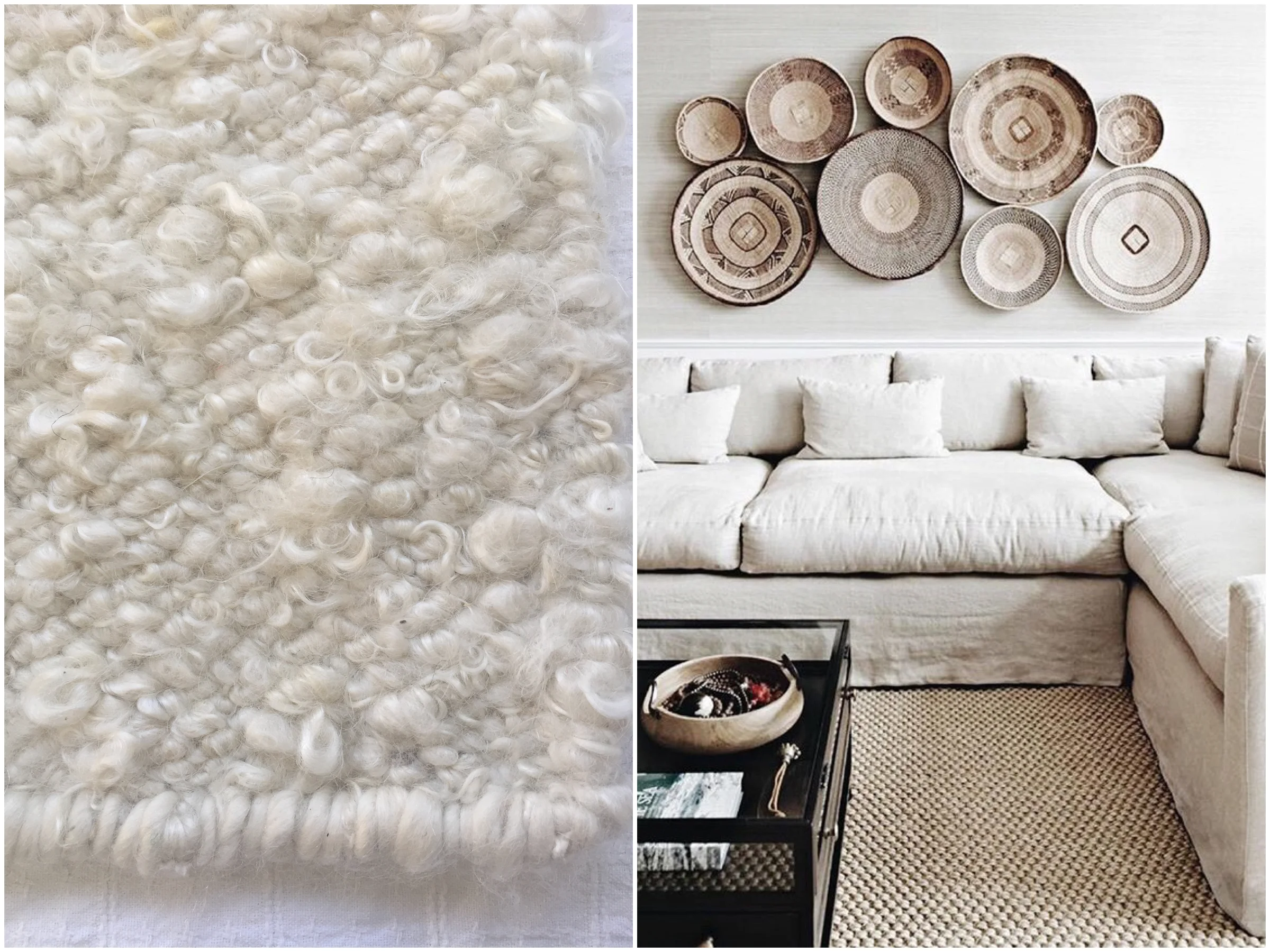Handwoven Coral & Hive Curly White Mohair Rug + Neutral living room scheme with handwoven wall baskets {Coral & Hive Moods}