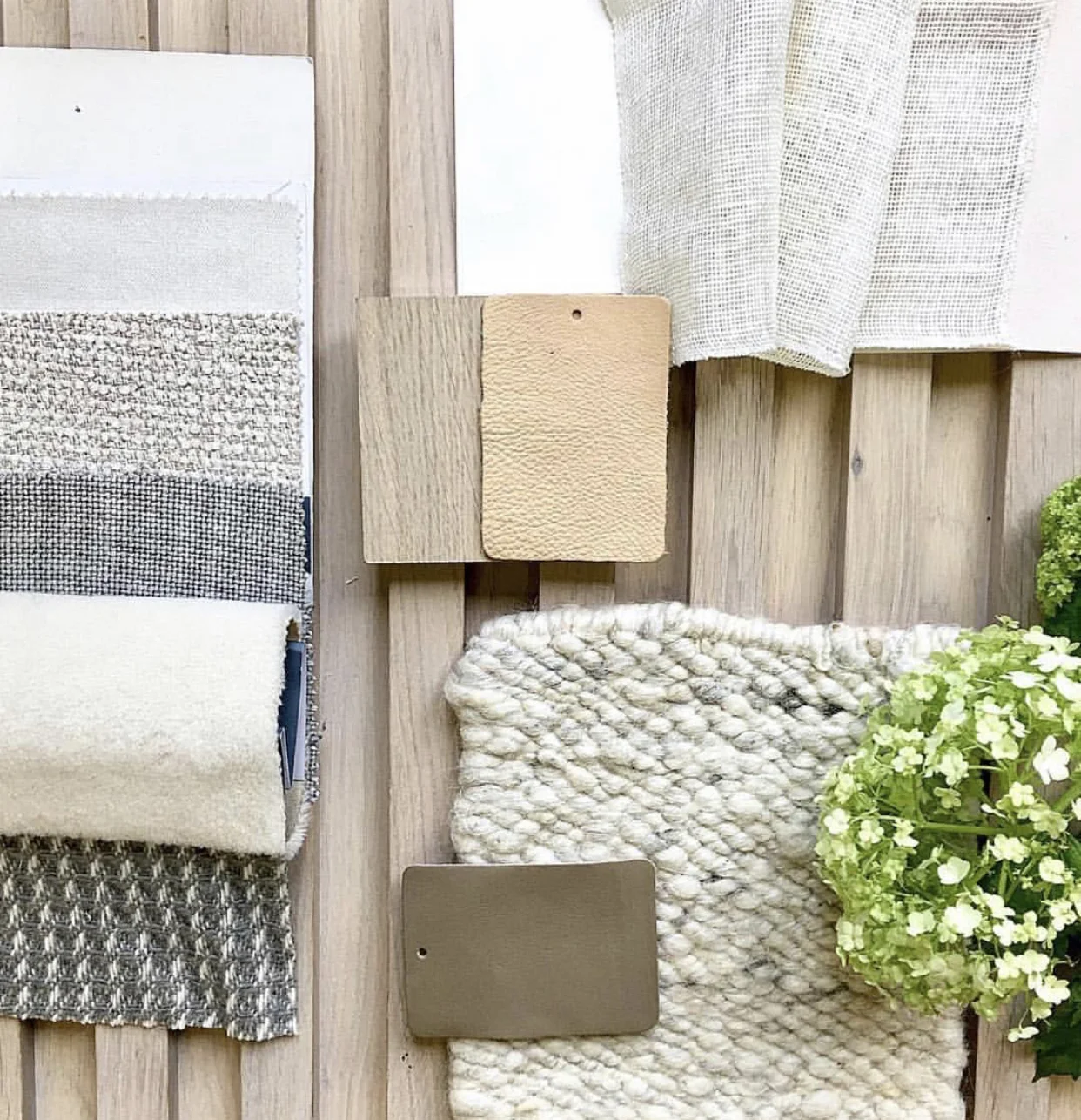 Textured naturals with white karakul wool sample in a mood scheme by designer Louise Holt {Oxfordshire, London}