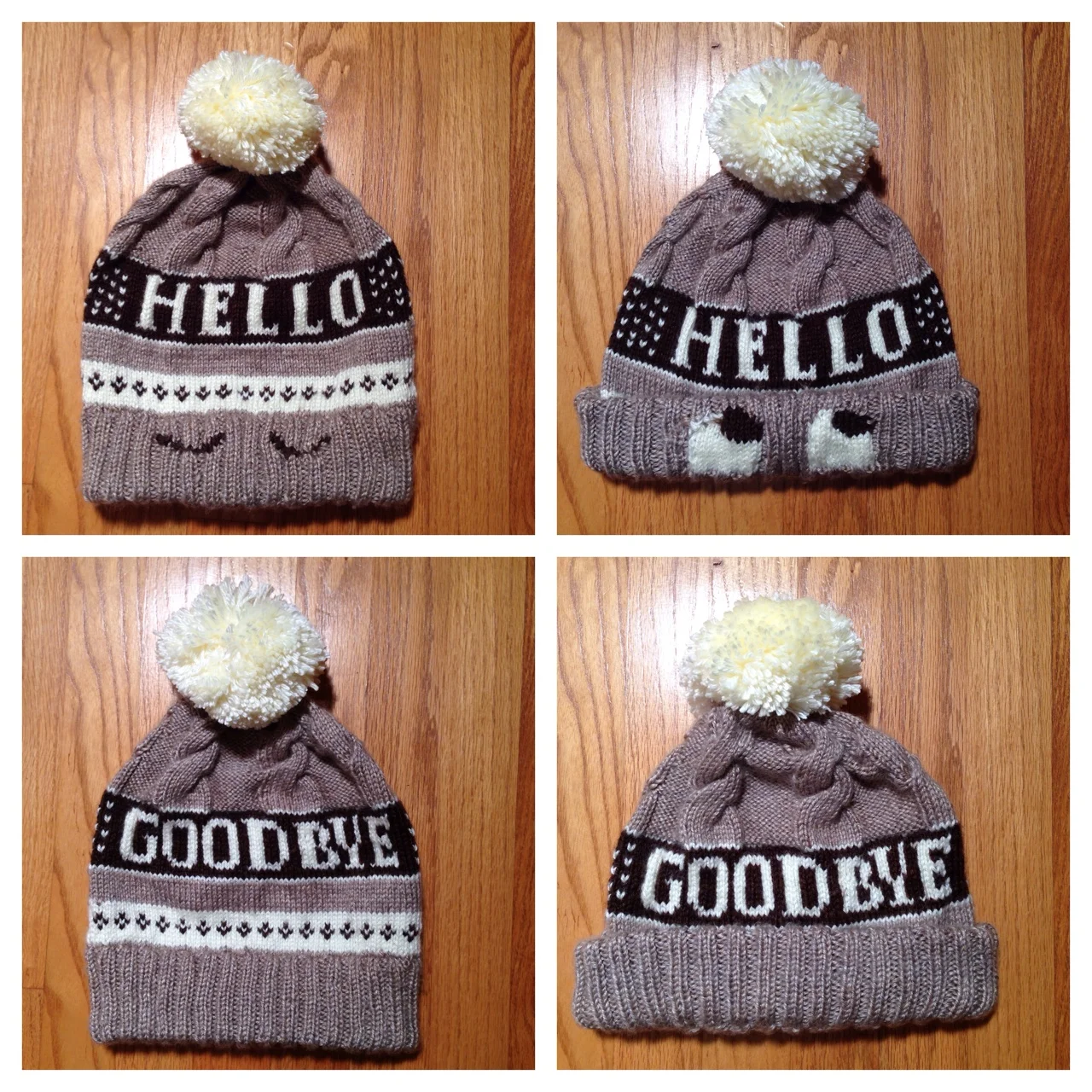 A knitted winter beanie hat with a cream pom-pom on top. The hat has a cable-knit pattern and features the words 'HELLO' and 'GOODBYE' in alternating images, along with small heart and bow designs, and cute penguin face details on the folded brim.