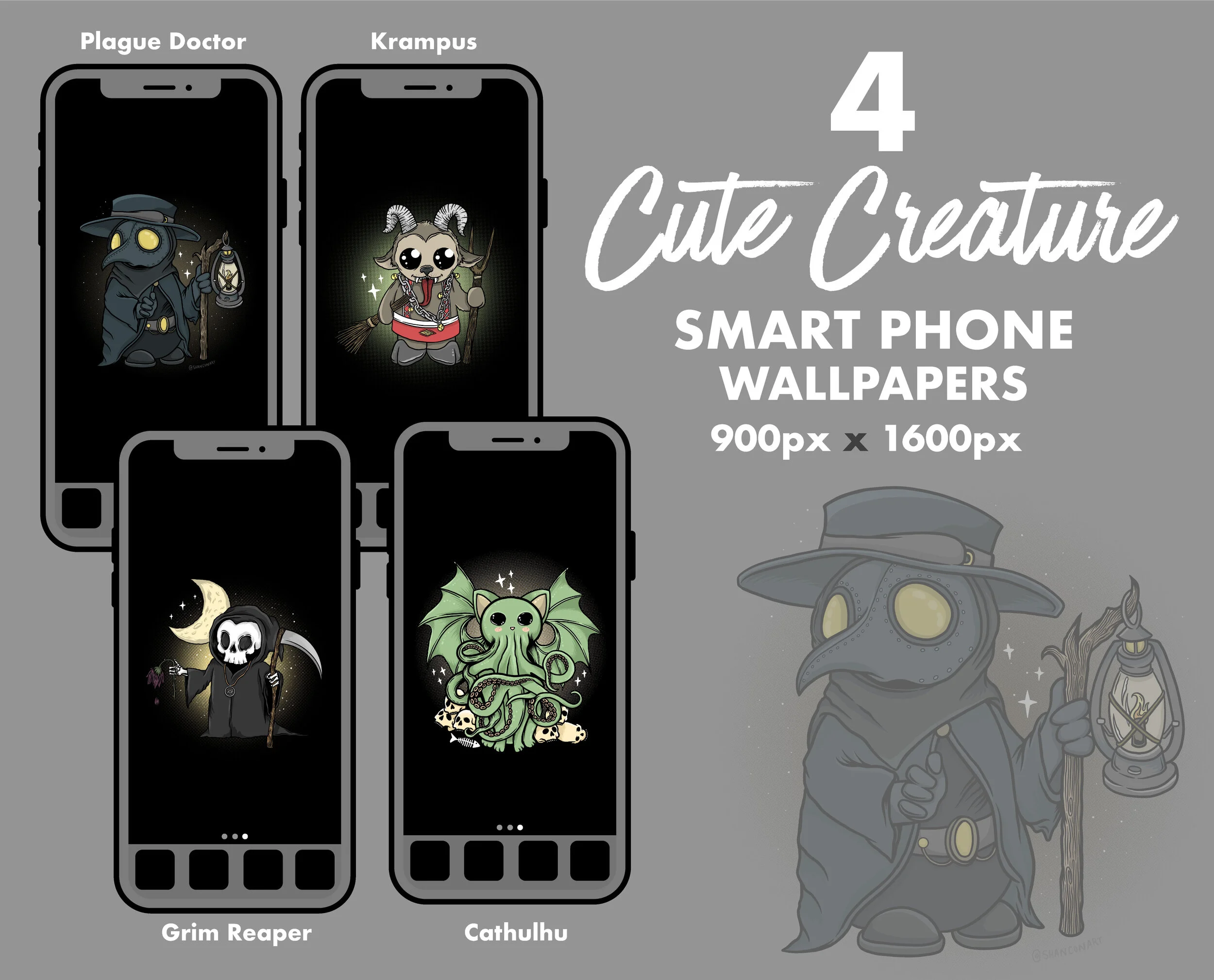 Cute Creatures Smartphone 4 Wallpapers | iPhone, Galaxy, Windows, Android | Plague Doctor, Cathulu, Reaper, Krampus