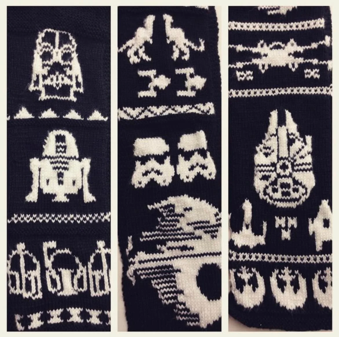 Close-up of a black and white Star Wars-themed Christmas sweater featuring images of Darth Vader, Yoda, and Stormtroopers.