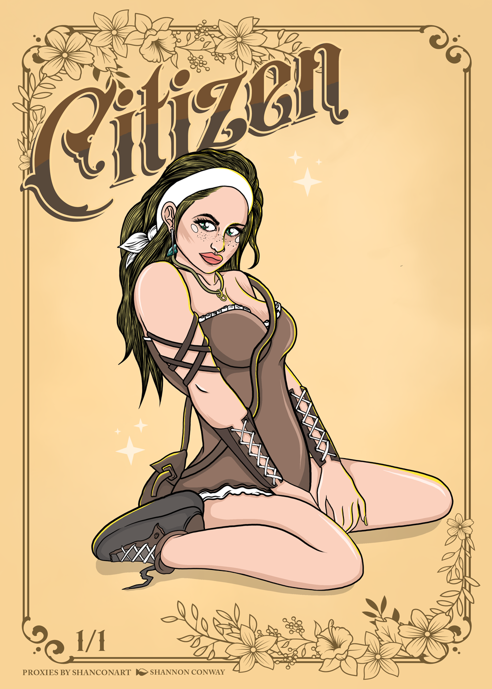 A comic-style illustration of a young woman with long dark hair, wearing a white headband, a brown corset-style dress with lace-up details, and black shoes with lace-up design. She has a confident expression, with makeup, freckles, and jewelry, and i