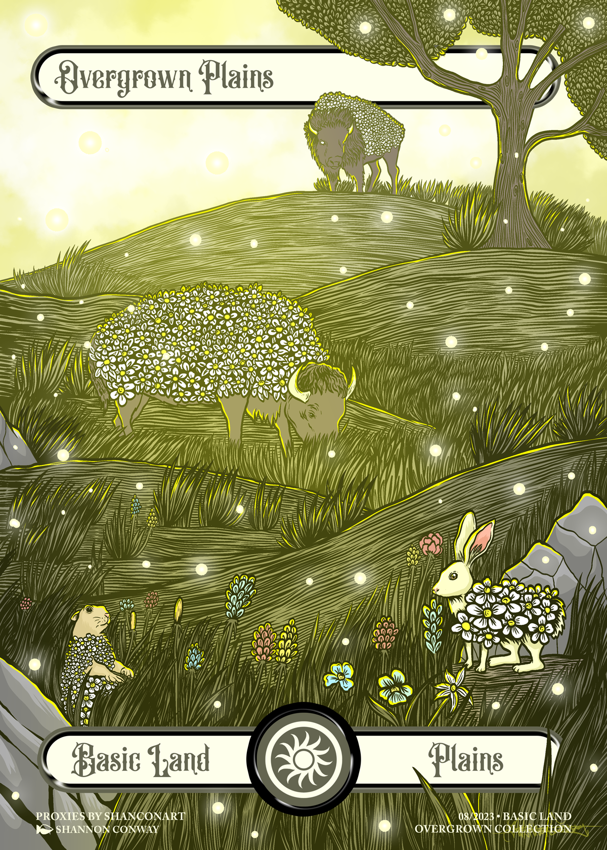 Illustration of a grassy plain with trees and four animals: a lion, a buffalo, a rabbit, and a small rodent. The scene depicts a peaceful, natural landscape with flowers and rocks.