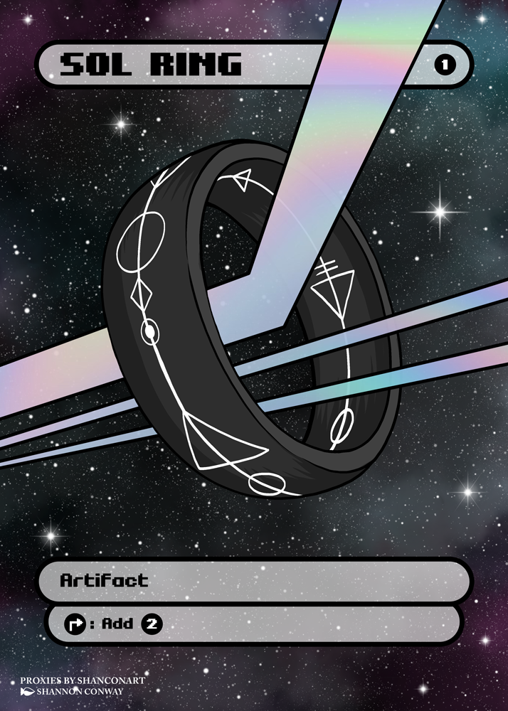 A trading card or game piece titled "SOL RING" featuring a black ring with white mystical symbols, set against a starry outer space background. The card includes text "Artifact" and instructions to add 2 colorless mana.