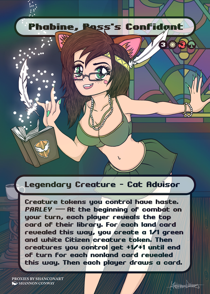 Cartoon girl with cat ears and glasses, wearing a crop top and skirt, holding a book with a feather quill. Background features colorful stained glass window and a game interface with character stats and instructions.