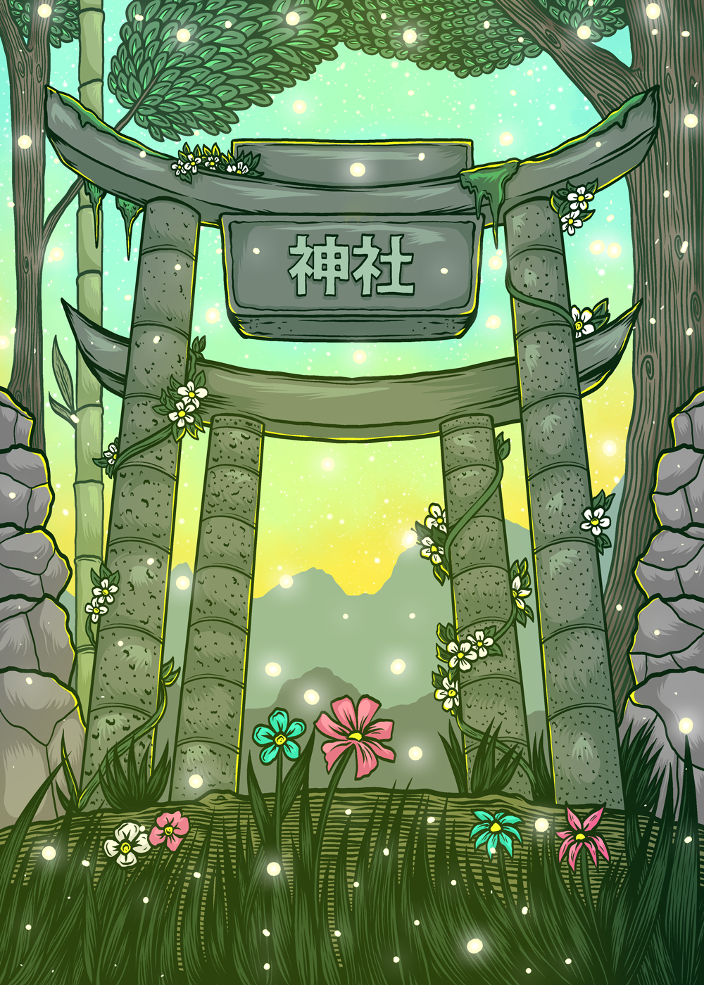 A traditional Japanese torii gate surrounded by flowers, trees, and sunlight in a lush, green forest. The sign on the gate has Japanese characters.