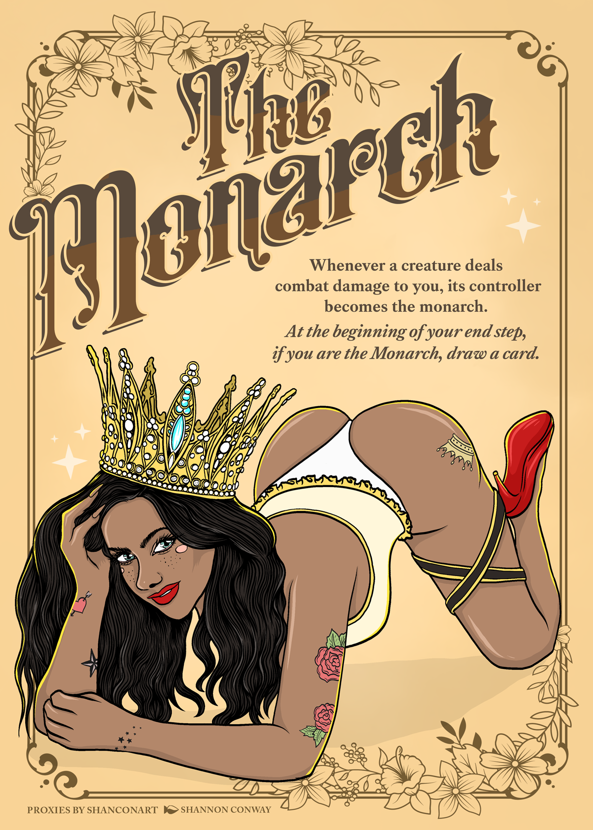 A cartoon woman with long black hair, tattoos, and a crown, lying on her stomach with her head resting on her hand. The background features floral decorations and a quote about the game of poker. The woman is wearing lingerie and red high heels.