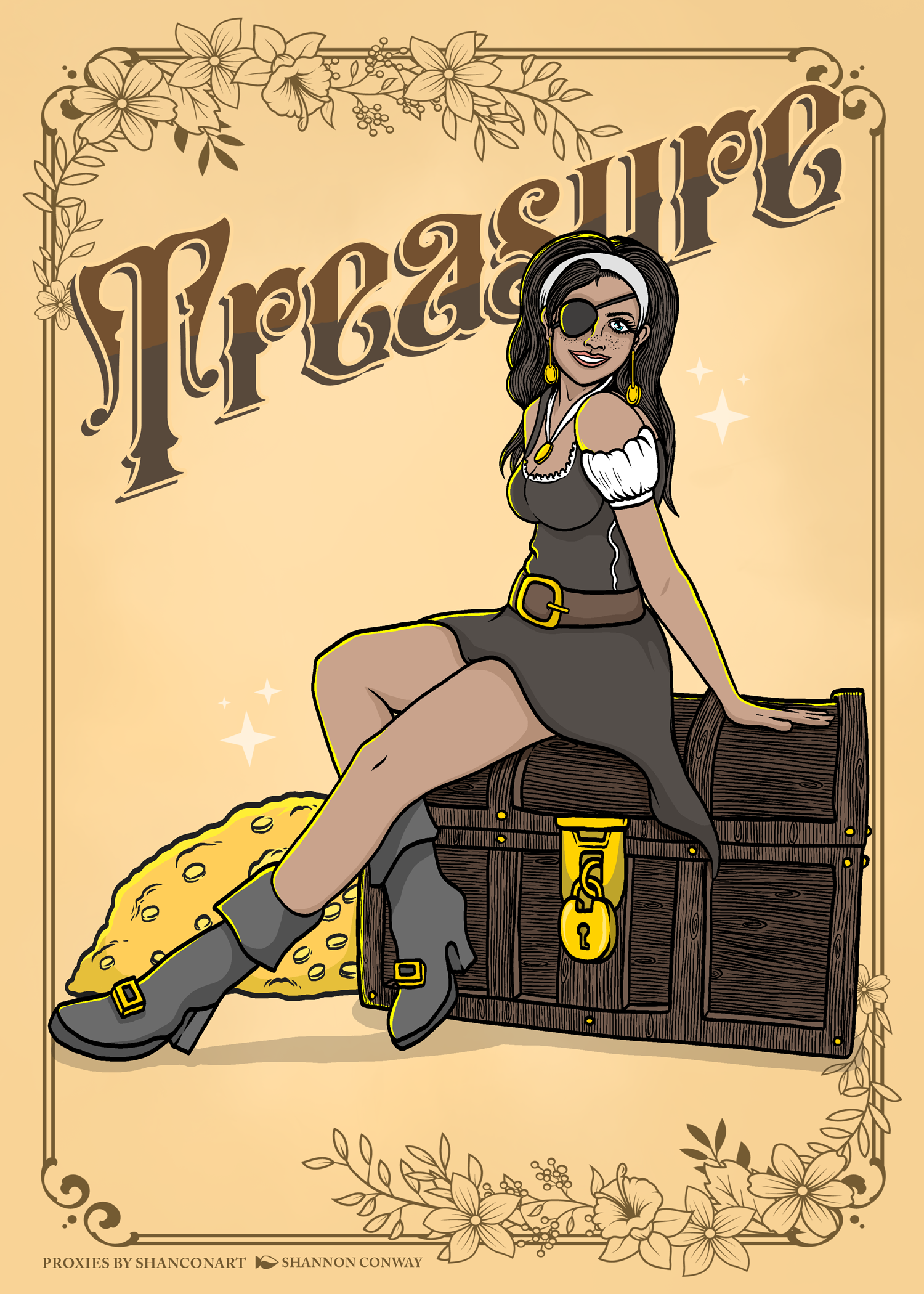 A cartoon woman dressed as a pirate, sitting on a large treasure chest with gold coins spilling out. The woman has an eyepatch, long dark hair, and is wearing a black and white outfit with gold jewelry. The background features a stylized vintage desi