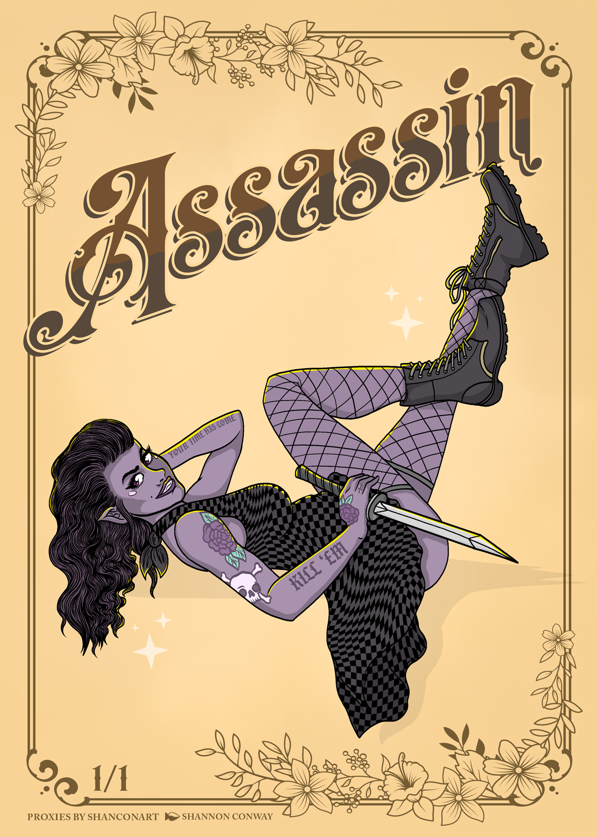 A fantasy-style illustration of a woman with long wavy hair, tattoos, and elf-like ears. She is lying on her back with one arm behind her head, holding a sword with her other hand. She is wearing a checkered dress, fishnet stockings, and combat boots