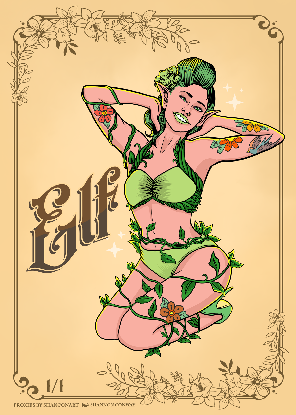 A digital illustration of a cheerful elf woman with green hair, pointed ears, and body art, dressed in a nature-inspired outfit of leaves and vines, kneeling with her arms behind her head in front of a floral decorative border and the word 'Elf' in s