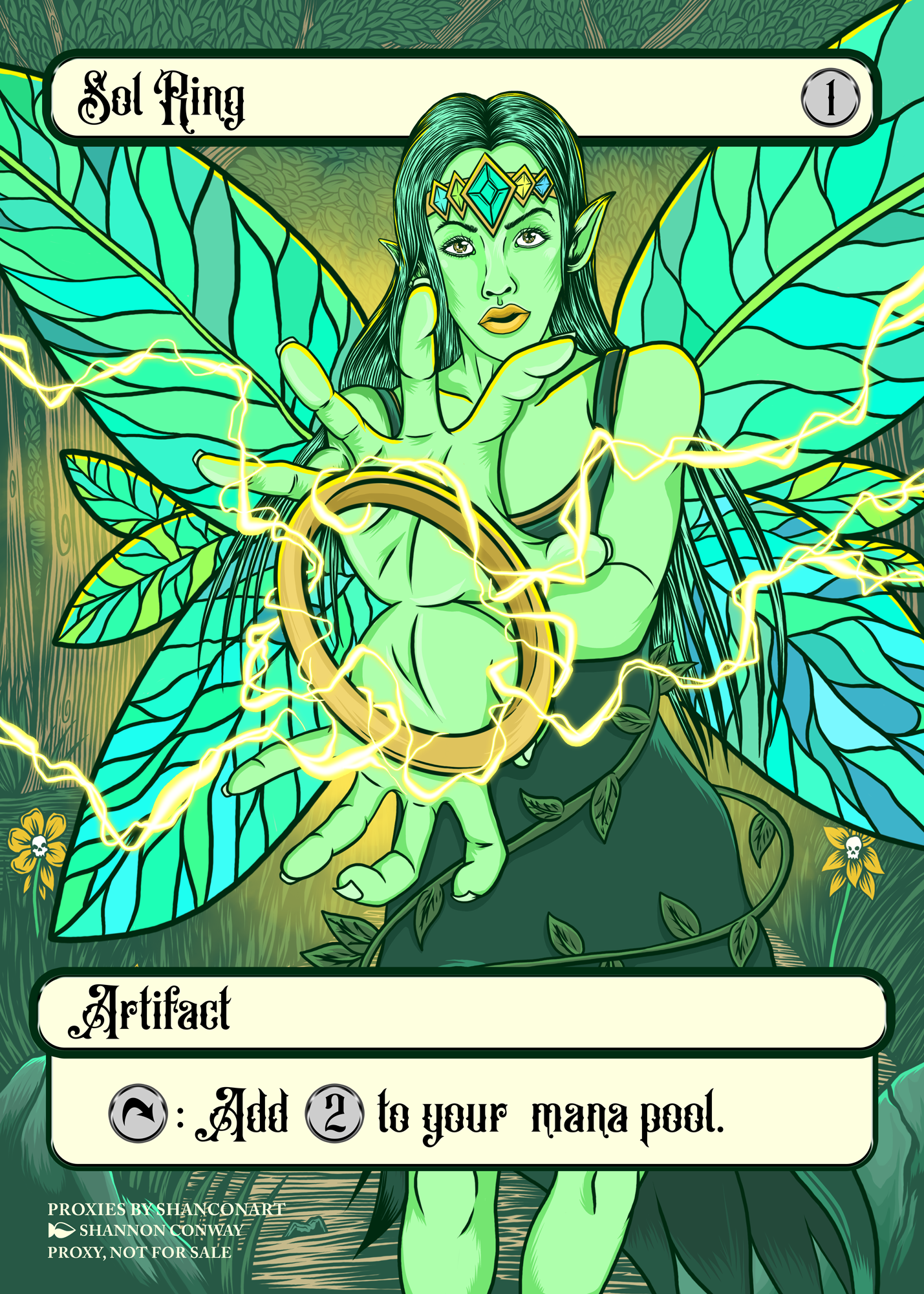 A fantasy illustration of a fairy with large green wings, pointed elf-like ears, and green hair. She is reaching forward with her hand, surrounded by yellow lightning, and wearing a crown with blue diamonds. The scene has a vibrant, enchanted forest 