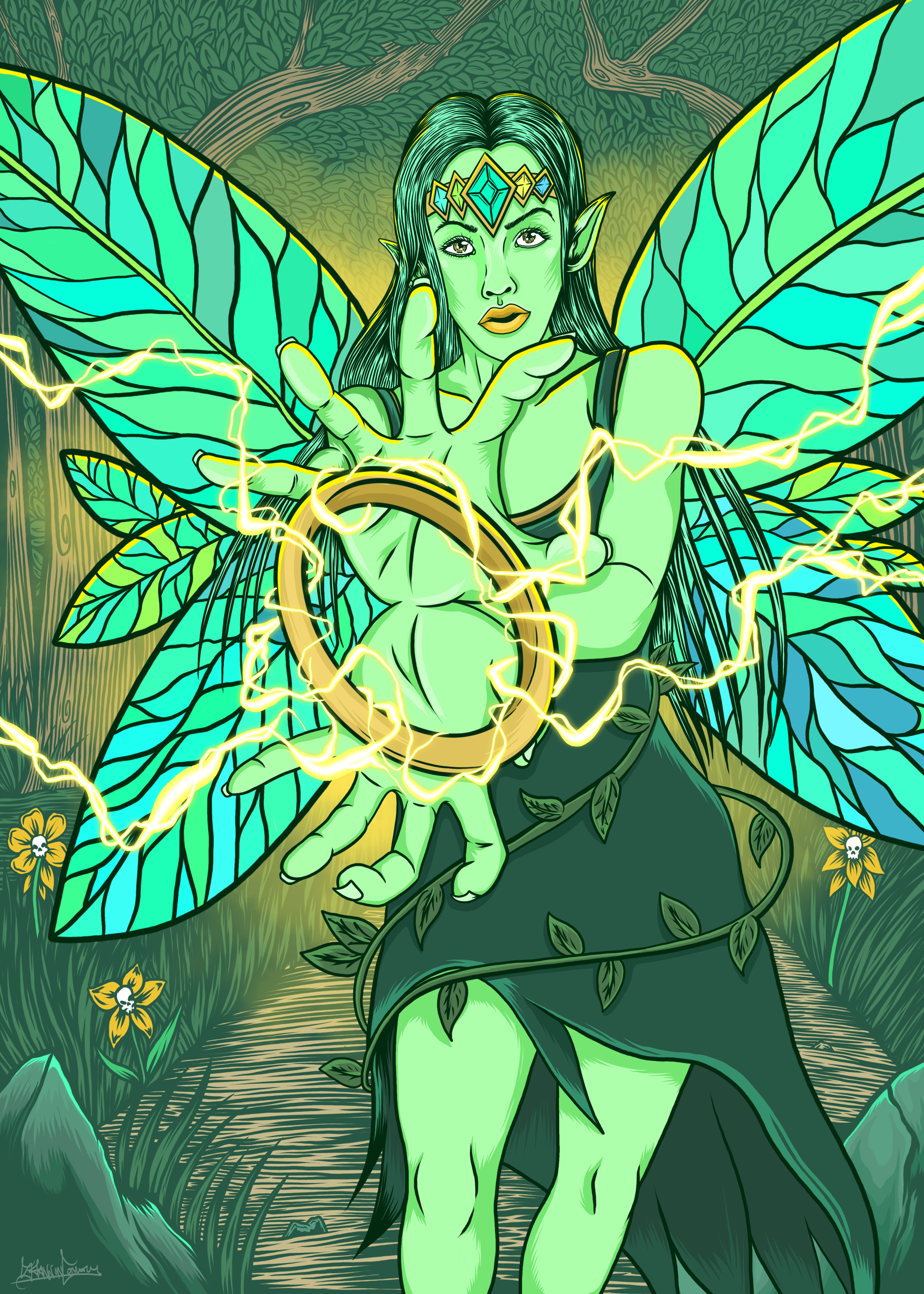 A fantasy illustration of a fairy with green skin, long dark hair, and pointed elf ears. She wears a jeweled headpiece and a dark leafy dress. She has large, leaf-like wings and is surrounded by glowing yellow lightning bolts. The background features