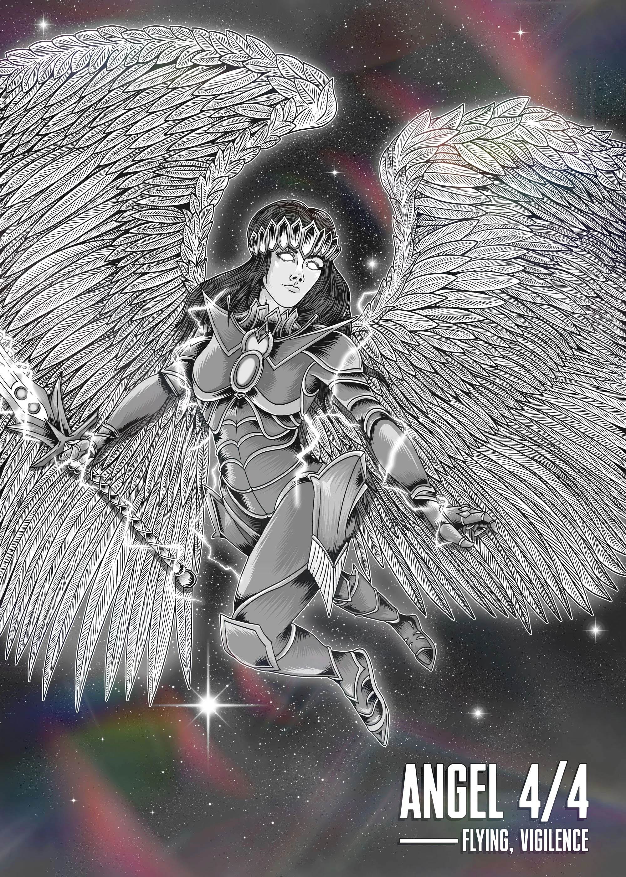 Black and white digital illustration of an angel with large feathered wings, wearing a detailed armor, floating in space with stars and colorful nebulae in the background. Text in the lower right corner reads 'Angel 4/4' and 'Flying, Vigilance'.