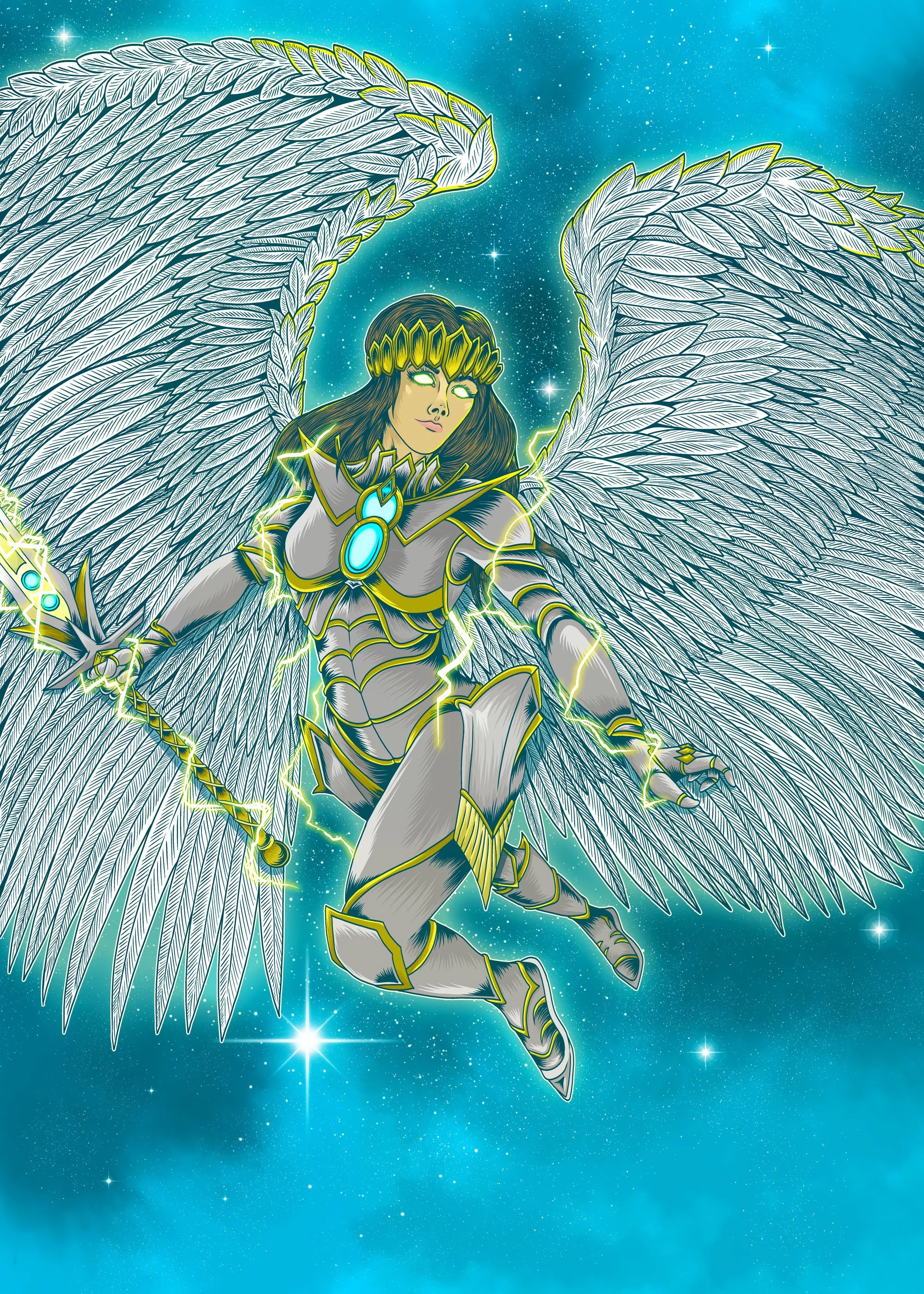 A fantasy illustration of a winged warrior in space, with glowing green eyes, detailed armor, large white wings, and lightning surrounding him, set against a starry sky background.
