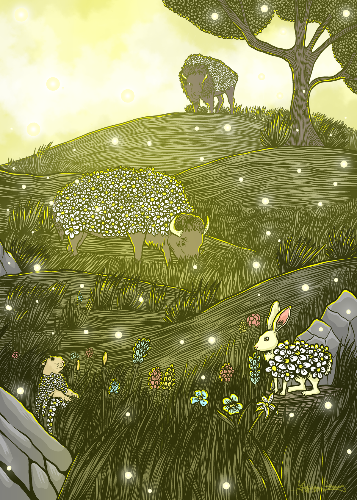 An illustration of a pastoral scene with several animals surrounded by grass, flowers, trees, rocks, and glowing orbs in the air.